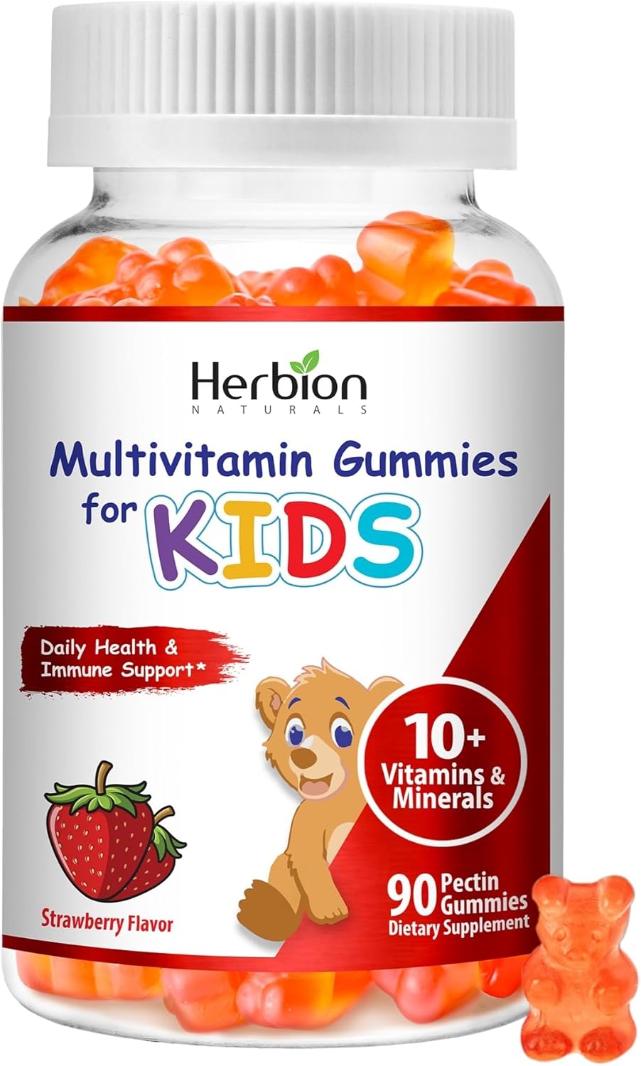 HERBION Naturals Multivitamin Gummies for Kids | Immune Support with Vitamin C, D3, B12, A, E & Zinc | Strawberry Flavor | Gluten Free, Vegan, Chewable Gummy Vitamins | 90 Ct | Pack of 24