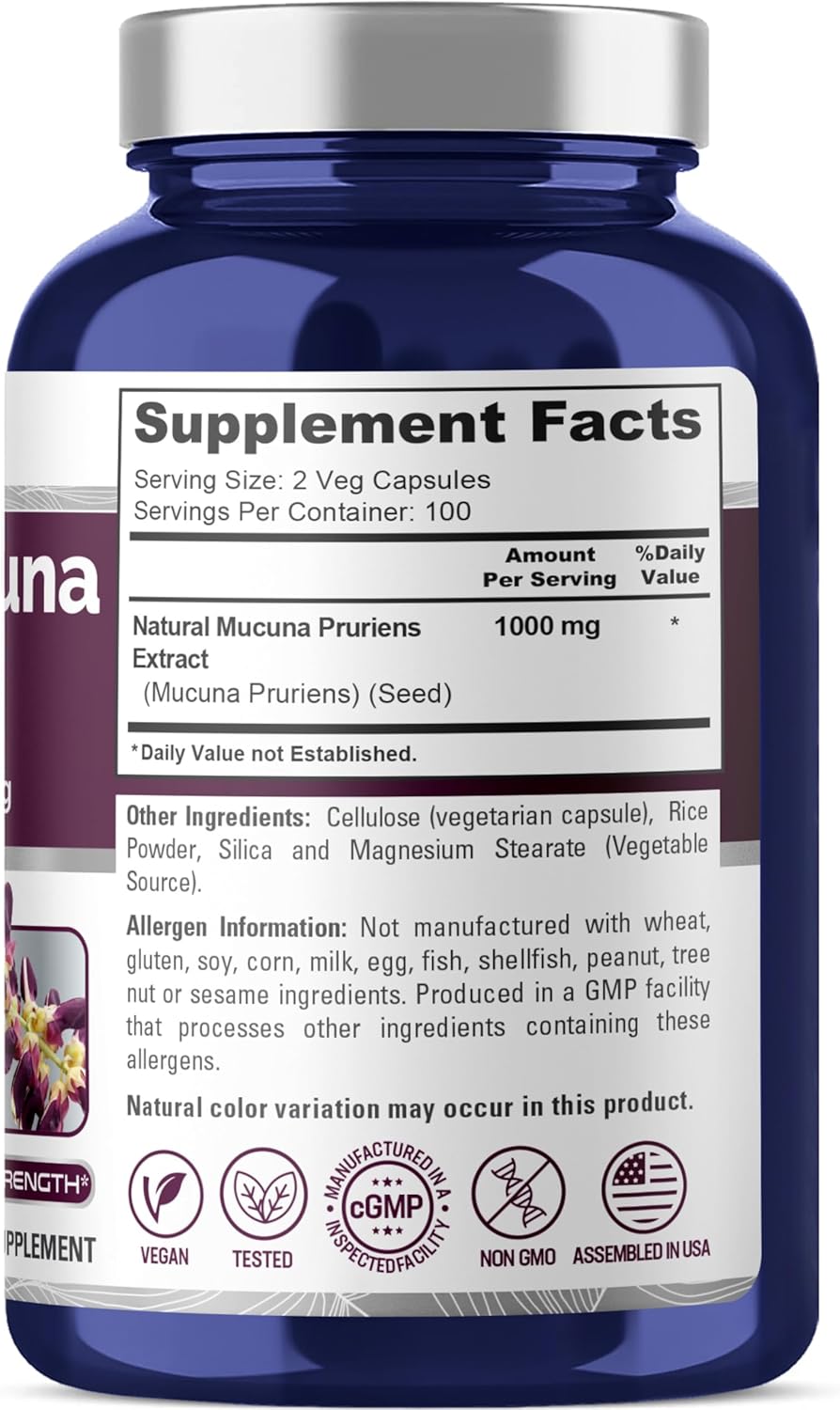 NusaPure Mucuna Pruriens 1000mg 200 Veggie Caps (Non-GMO, 100% Vegetarian, Vegan)