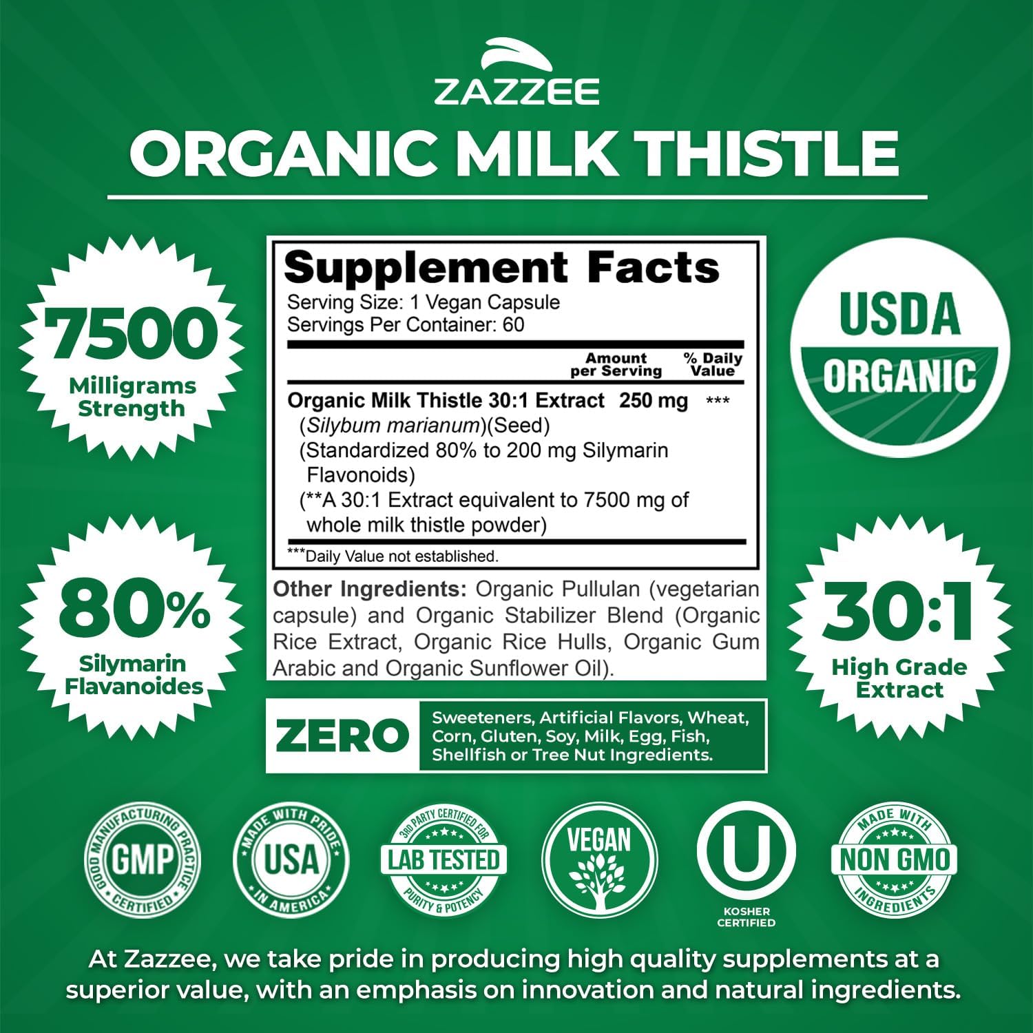 Zazzee USDA Organic Milk Thistle 30:1 Extract, 7500 mg Strength, 60 Vegan Capsules, 80% Silymarin Flavonoids, Healthy Liver Detox & Cleanse Support, 100% Vegetarian, Non-GMO, Made in The USA