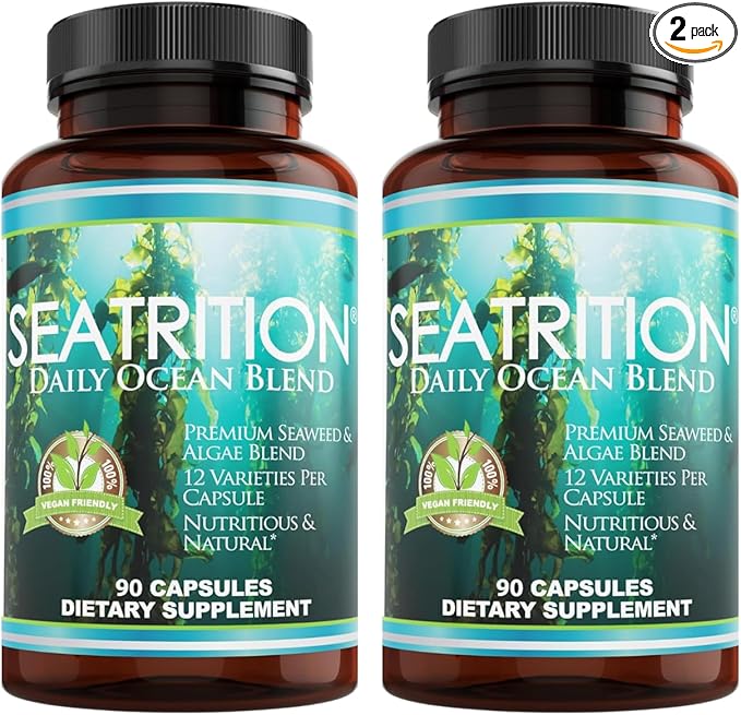 Seatrition Immune Thyroid Support Pure 12 Whole Seaweed Plants Vegan Friendly (2 Month Supply) Natural Multi Vitamin Sea Minerals Wholefood Nutrition Supplement 90 Veg Capsules per Bottle (2 Pack)