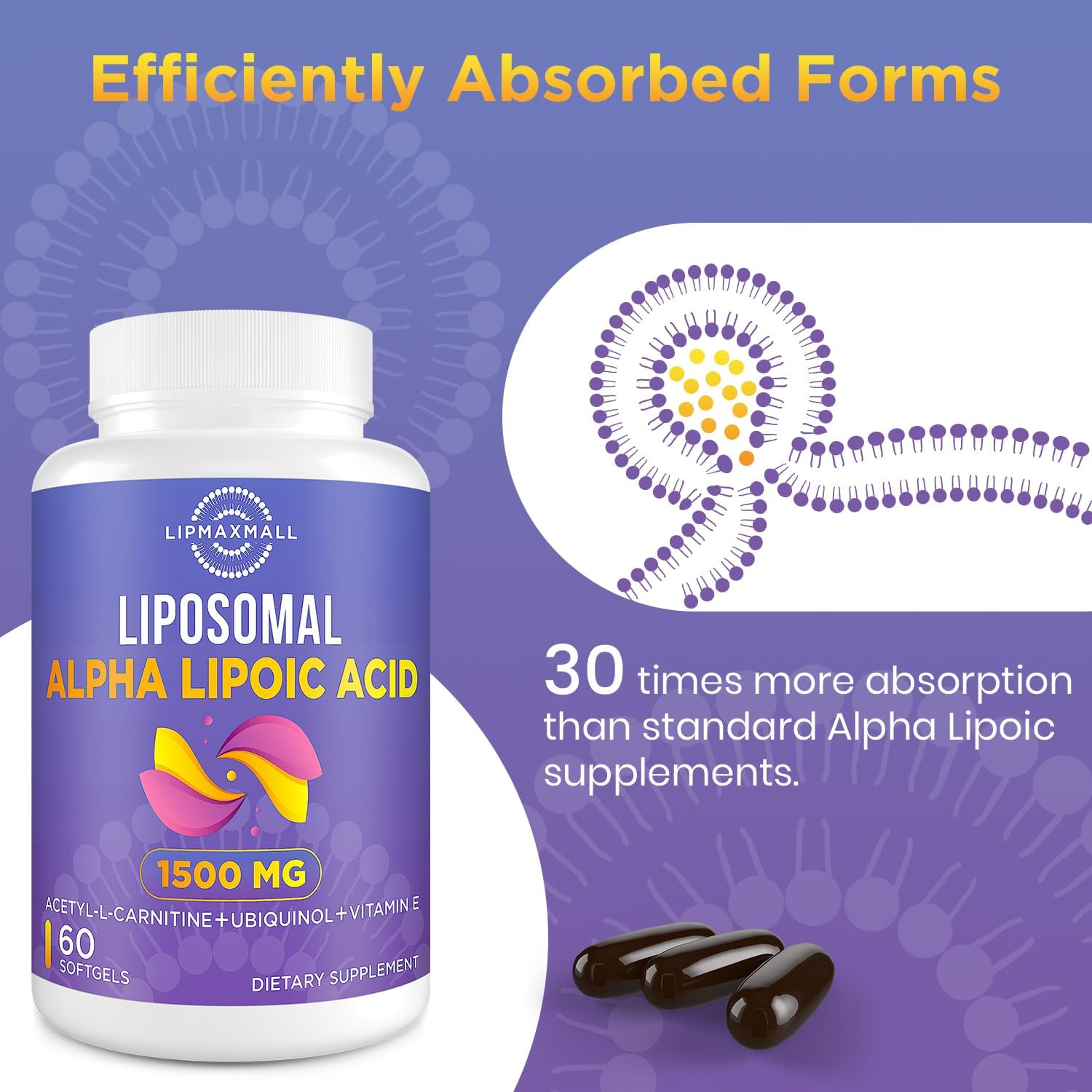 Liposomal Alpha Lipoic Acid 1500mg - with Acetyl-L-Carnitine 900mg & Ubiquinol 100mg & Vitamin E 15mg，ALA Supplement for Antioxidants Glucose Metabolism Nerve Energy,60 Softgels (2 Bottle)