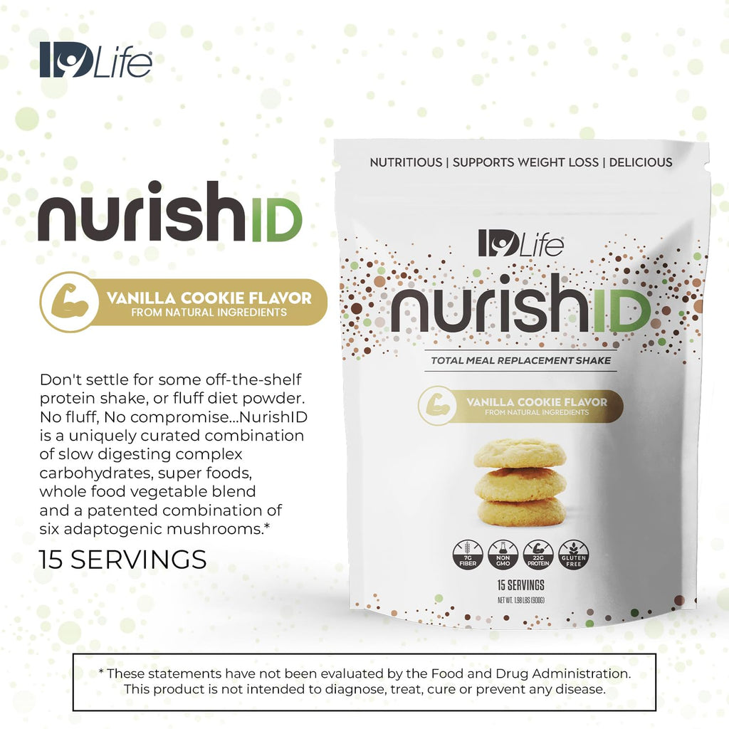 IDLife Vanilla Cookie NurishID Meal Replacement Shake - with Slow-Digesting Carbs, Superfoods, Vegetable Blend and Adaptogenic Mushrooms - 15 Servings