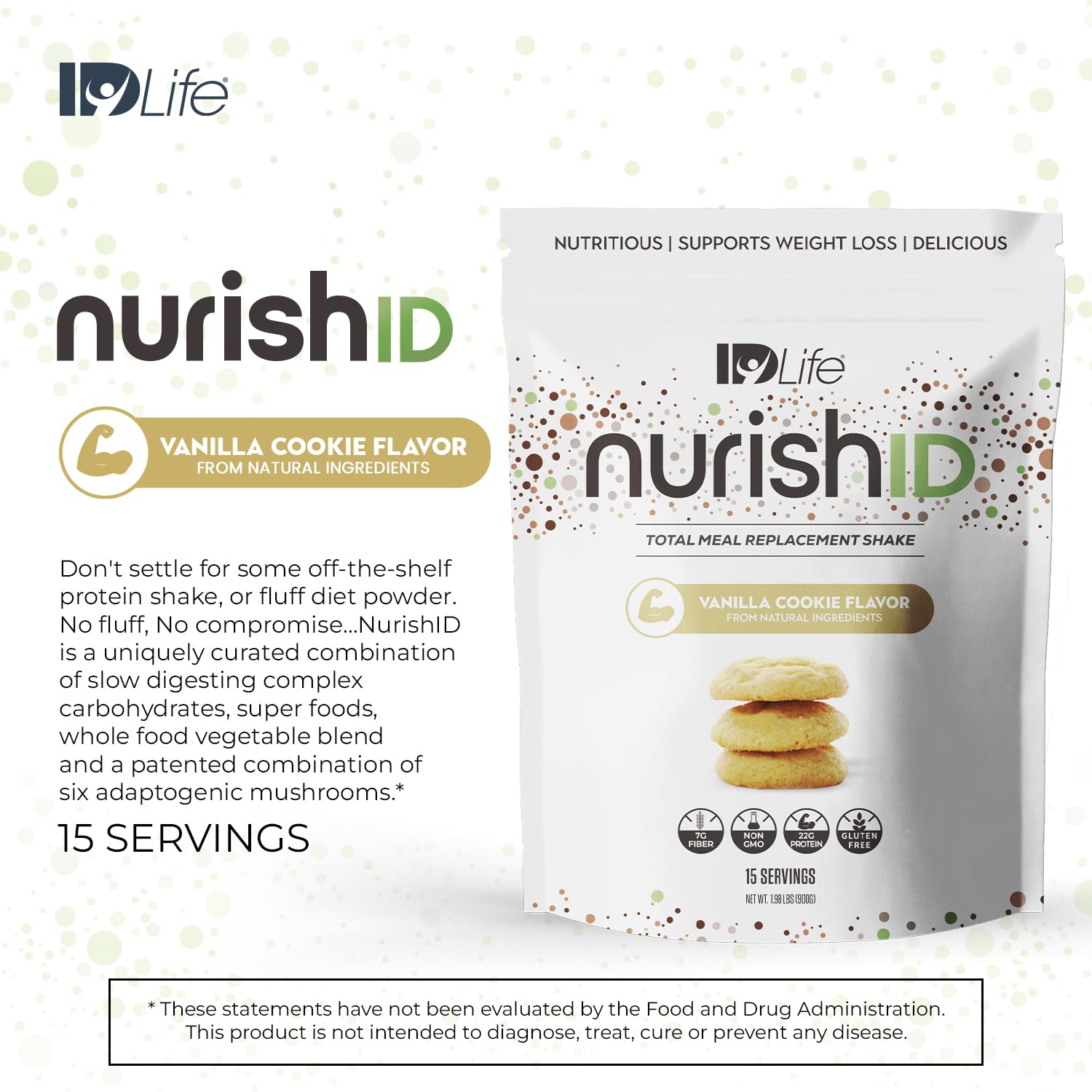IDLife Vanilla Cookie NurishID Meal Replacement Shake - with Slow-Digesting Carbs, Superfoods, Vegetable Blend and Adaptogenic Mushrooms - 15 Servings