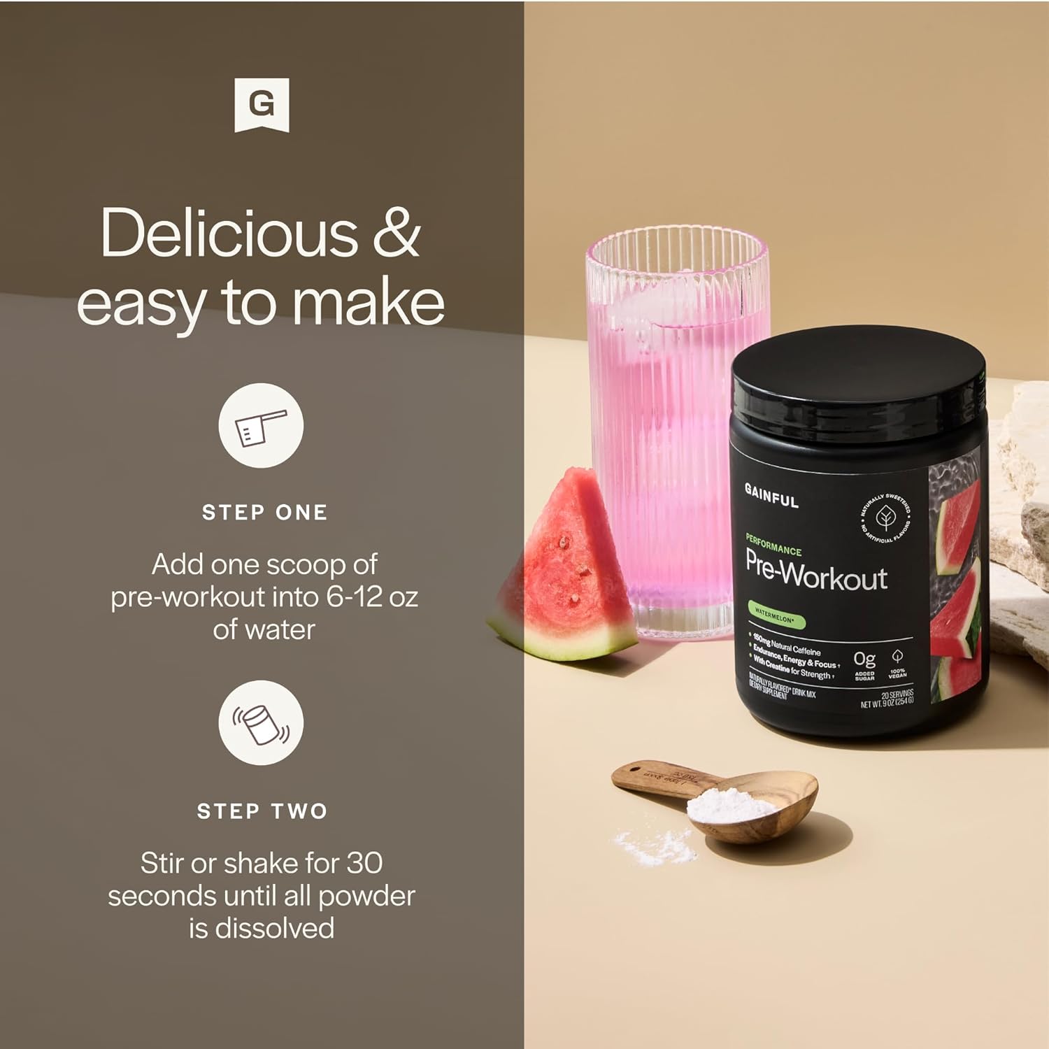 Gainful Caffeine Free Pre Workout Powder with Creatine, Watermelon Flavor, Supports Strength, Endurance, & Recovery, BCAAs, Beta Alanine, L-Citrulline, No Artificial Ingredients, 20 Servings