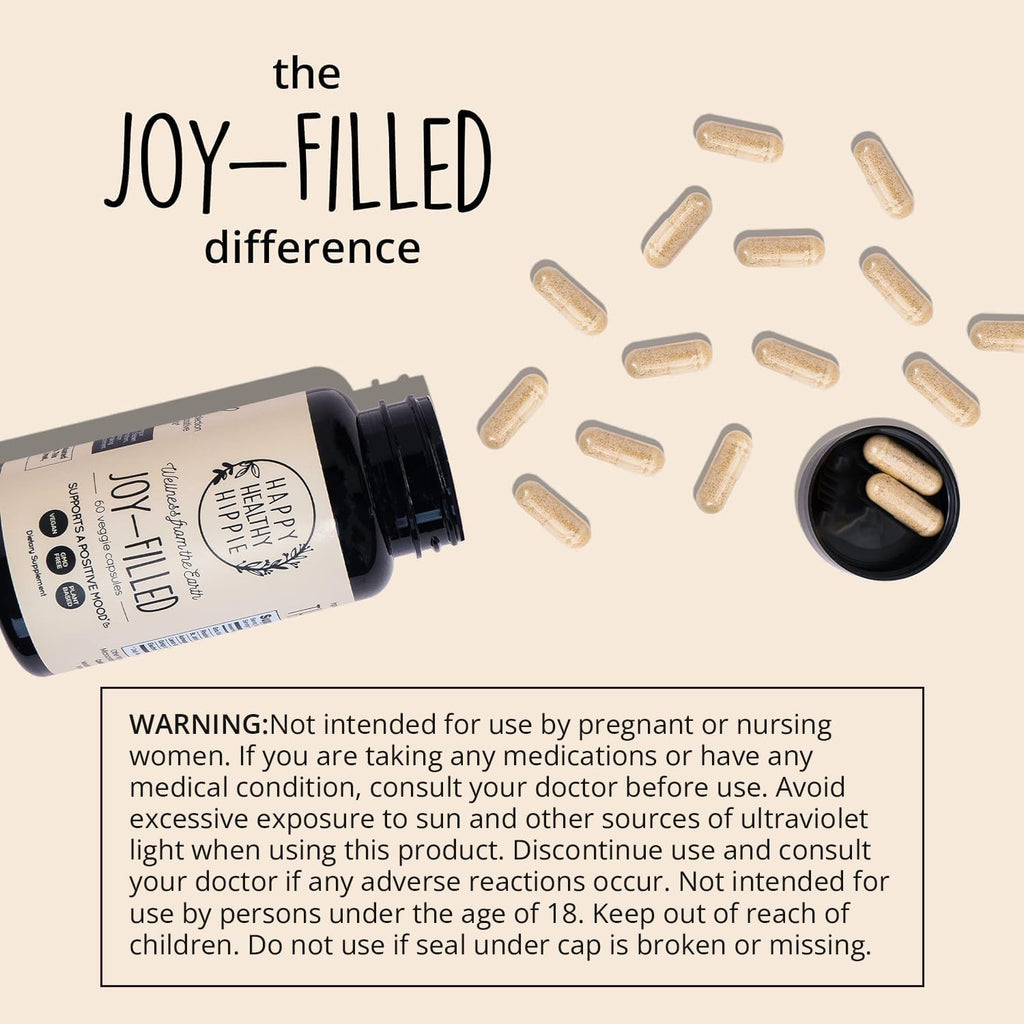 Joy-Filled Mood Support Supplement - 7 Herb Complex w/St. Johns Wort | Stress Relief – Helps Calm The Mind & Body | 100% Plant-Based Happy Pills, Ashwagandha, Rhodiola Rosea | Adaptogens, 60 Ct