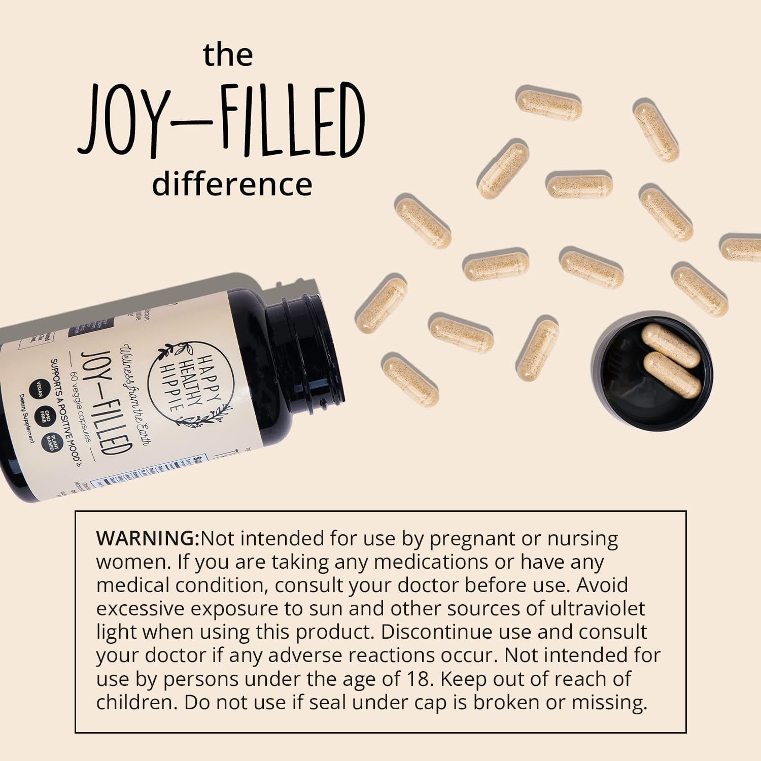 Joy-Filled Mood Support Supplement - 7 Herb Complex w/St. Johns Wort | Stress Relief – Helps Calm The Mind & Body | 100% Plant-Based Happy Pills, Ashwagandha, Rhodiola Rosea | Adaptogens, 60 Ct