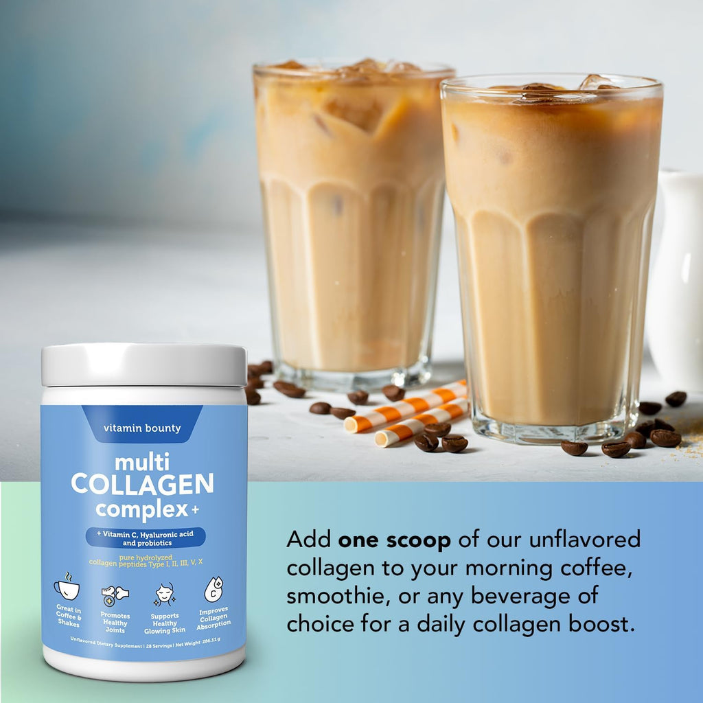 Vitamin Bounty Multi Collagen Complex Plus - 5 Types of Hydrolyzed Collagen Peptides for Women & Men w/Vitamin C, Hyaluronic Acid & Probiotics | Supports Skin, Hair, Joints & Gut Health | 28 Servings