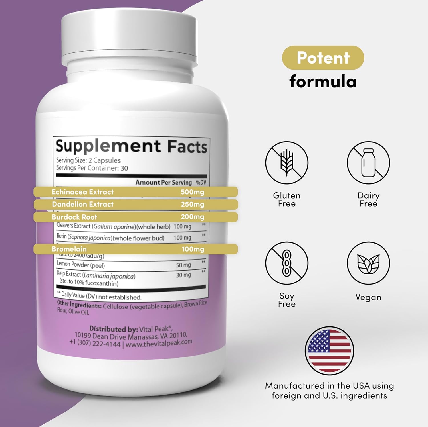 Lymph Peak - Lymphatic Drainage Supplements - Lymph System Support - with Burdock Root, Echinacea Extract, Bromelain, Dandelion Extract & More - Vegan, Non GMO, Gluten Free - 60 Capsules