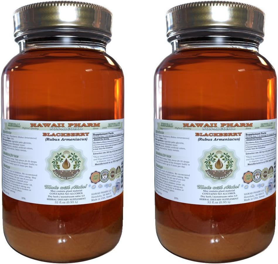 BlackBerry Alcohol-Free Liquid Extract, BlackBerry (Rubus Armeniacus) Root Glycerite Hawaii Pharm Natural Herbal Supplement 2x32 oz Unfiltered