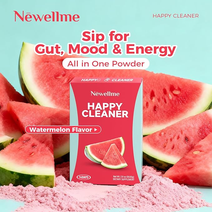 NEWELLME Happy Cleaner Digestive Supplement Powder, Gut Health Drink Mix with Probiotics, Digestive Enzymes & Fiber, Supports Digestion and Bloating, Watermelon Flavor, 28 Sachets (2 Boxes)