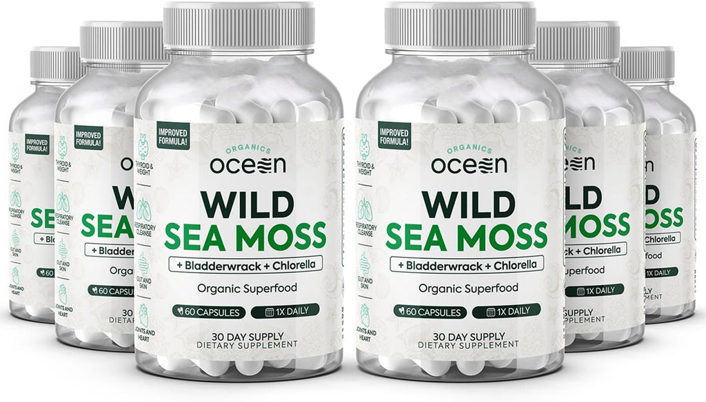 Wild Sea Moss Capsules - 100% Organic Irish Sea Moss with Organic Chlorella, Bladderwrack and Vitamin D for Energy, Lung Health and Thyroid Support for Women and Men - 6 Bottles