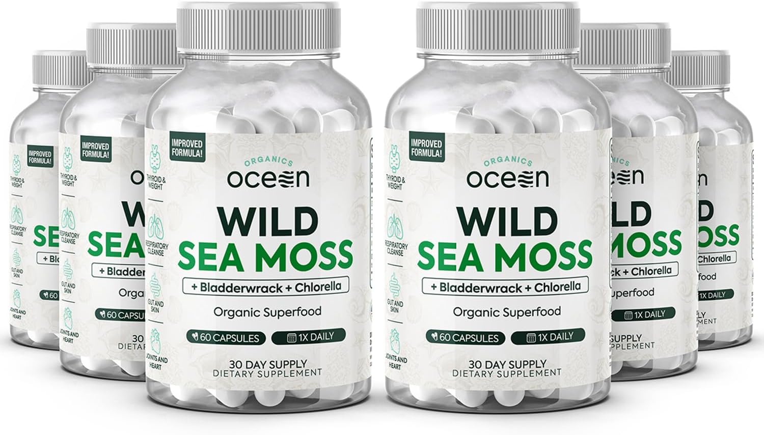 Wild Sea Moss Capsules - 100% Organic Irish Sea Moss with Organic Chlorella, Bladderwrack and Vitamin D for Energy, Lung Health and Thyroid Support for Women and Men - 6 Bottles