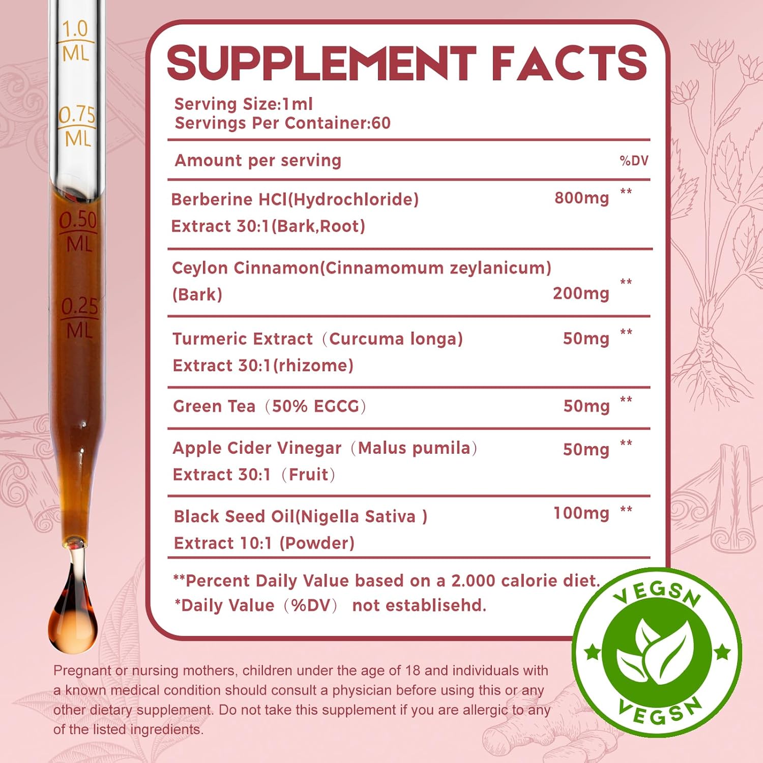 2 Pack Ceylon Cinnamon Berberine Bitter Liquid Drops Supplement with Turmeric,Green Tea,Apple Cider Vinegar,Black Seed Oil 4 FL OZ