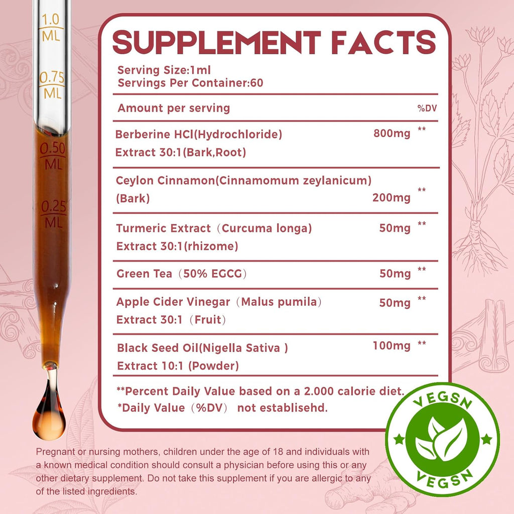 Ceylon Cinnamon Berberine Bitter Liquid Drops Supplement with Turmeric,Green Tea,Apple Cider Vinegar,Black Seed Oil for Immune System & Digestive System Supports 2 FL OZ
