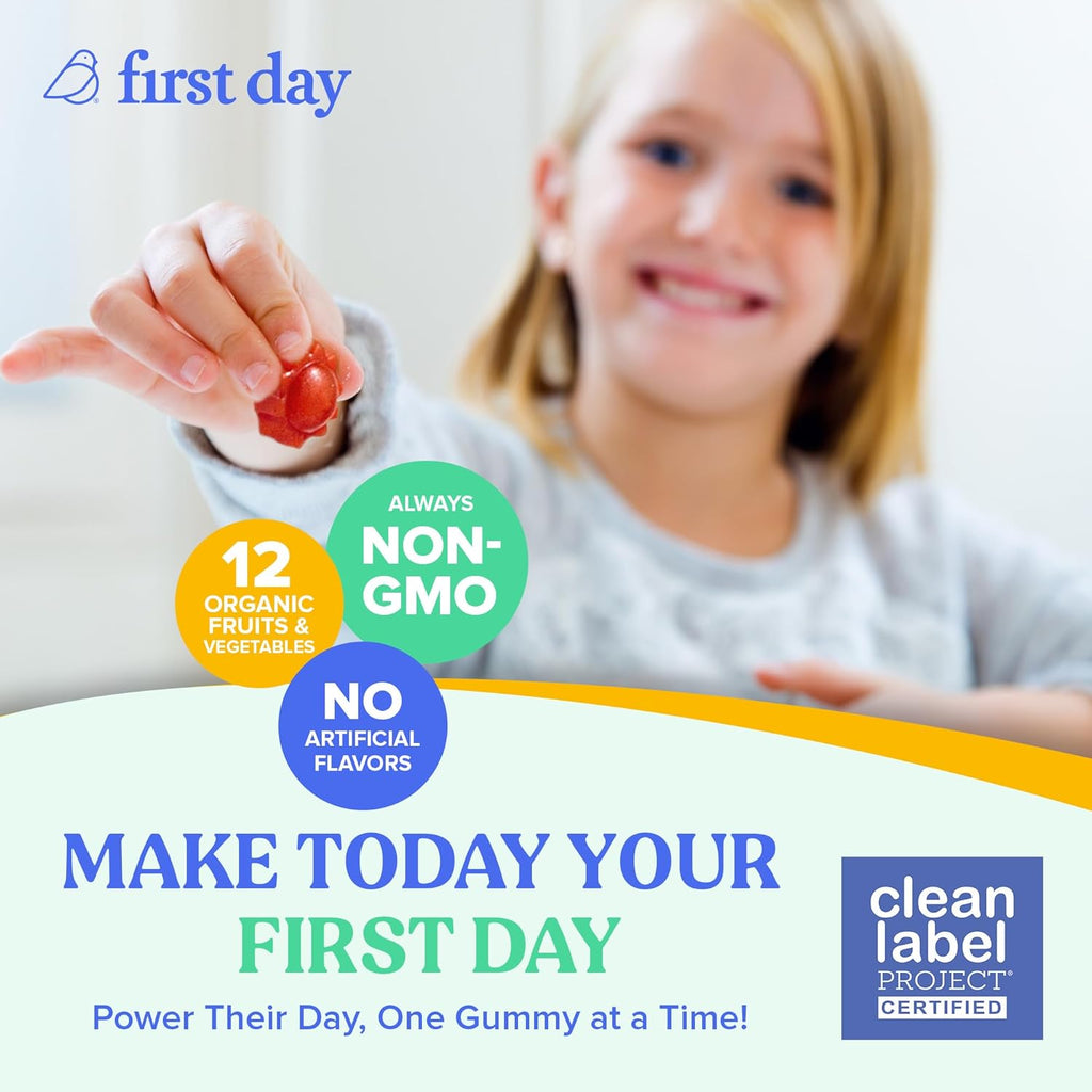 FIRST DAY Kids Multivitamin Gummies Age 4+, Strawberry & Orange - Kids Vitamins Multivitamin Gummy A C D3 K2 B1 B2 B6 B12 Folate, Immunity & Brain Function, Vegan - 60 Day Supply, Packaging May Vary