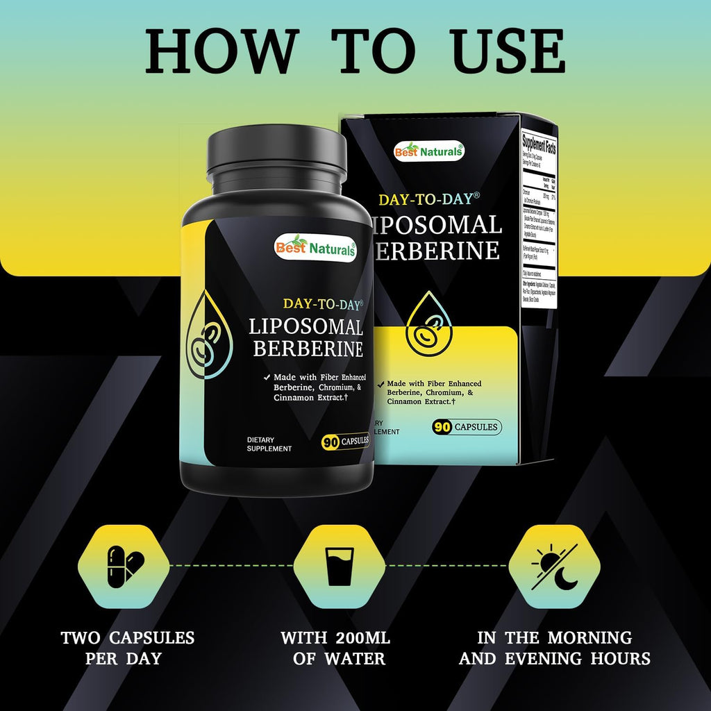 Best Naturals Day to Day Liposomal Berberine 1200 mg with Bioperine 90 Veg Capsules - Made with Fiber Enhanced Chromium, & Cinnamon Extract & Bioperine.