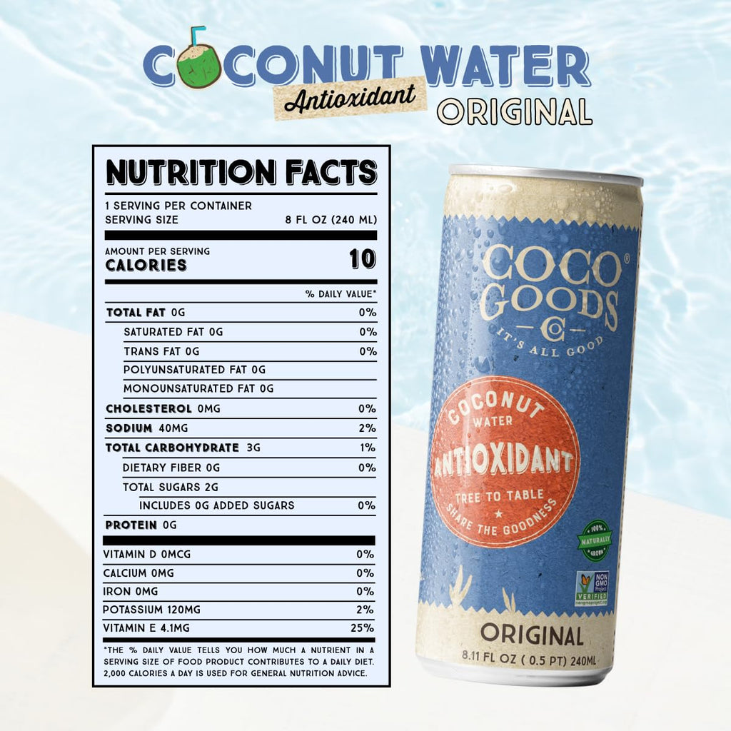 CocoGoodsCo Antioxidant Drink with Coconut Water, Original – 35mg Natural Caffeine, 0g Sugar, Naturally Sweetened, 10 Calories, with Green Coffee & Vitamin E – 8.11 fl oz Cans (12 Pack)