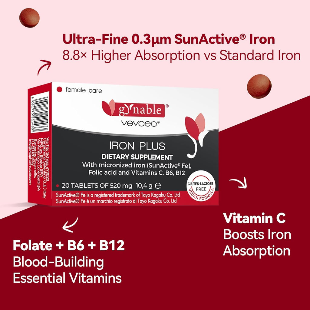 Gentle Iron Supplement for Women Anemia: Slow Release Iron Pills Clinically Shown to Support Increase Iron for Pregnant Patented SunActive Tech, with Folic Acid, B12, Vitamin C & B6, 18 mg, 20 Tablets