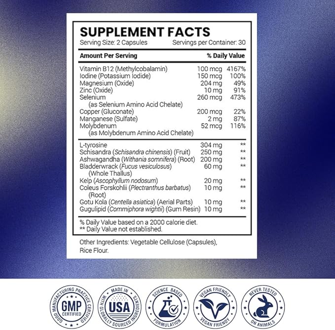 Research Verified® Thyroid Aid - Optimal Thyroid Function with Iodine Copper & Zinc - 260 mcg Selenium - 100% Pure - Vegan Friendly - 60 Capsules - 1 Month Supply