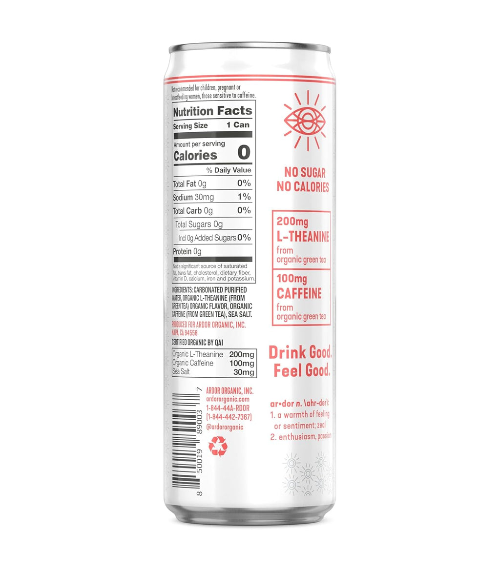 ARDOR ENERGY Sparkling Water with 100mg Natural Caffeine & 200mg L-Theanine from Organic Green Tea for Smooth Energy & Focus | Healthy Energy Drink | No Sugar, Zero Calories, Vegan, Gluten-Free | Pink Grapefruit (Pack of 12, 12oz cans)