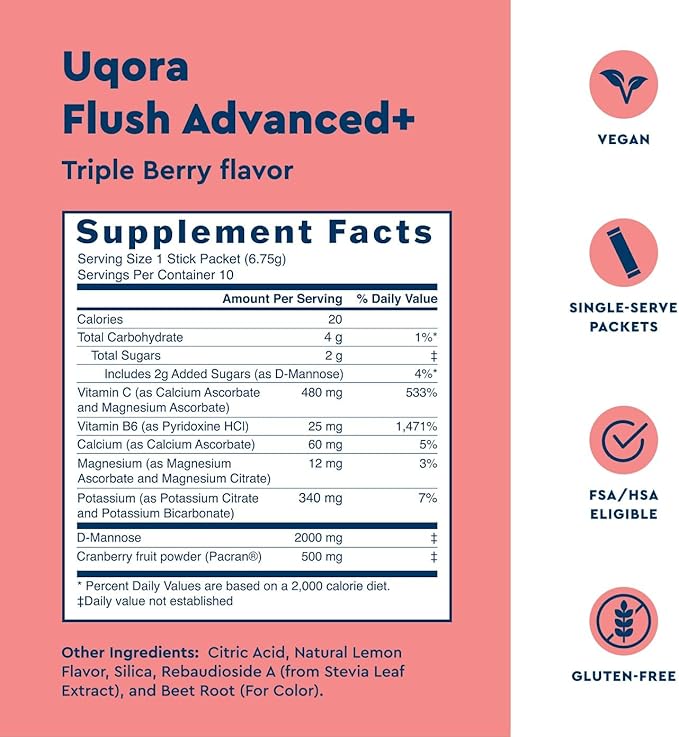 Uqora Flush Advanced+ - Helps Reduce Risk of Recurrent UTI** - with Cranberry, D-Mannose, Vitamin C, Vitamin B6 & Potassium - Gluten-Free & Vegan - Triple Berry Flavor - 20 Packets (2 Pack)