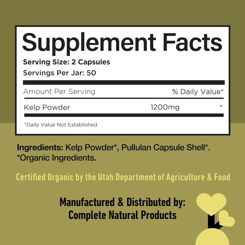 Complete Natural Products Raw Sea Kelp Powder Supplement - 600mg Capsules 100 Pills Powdered Raw Seaweed & Thyroid Support Supplement