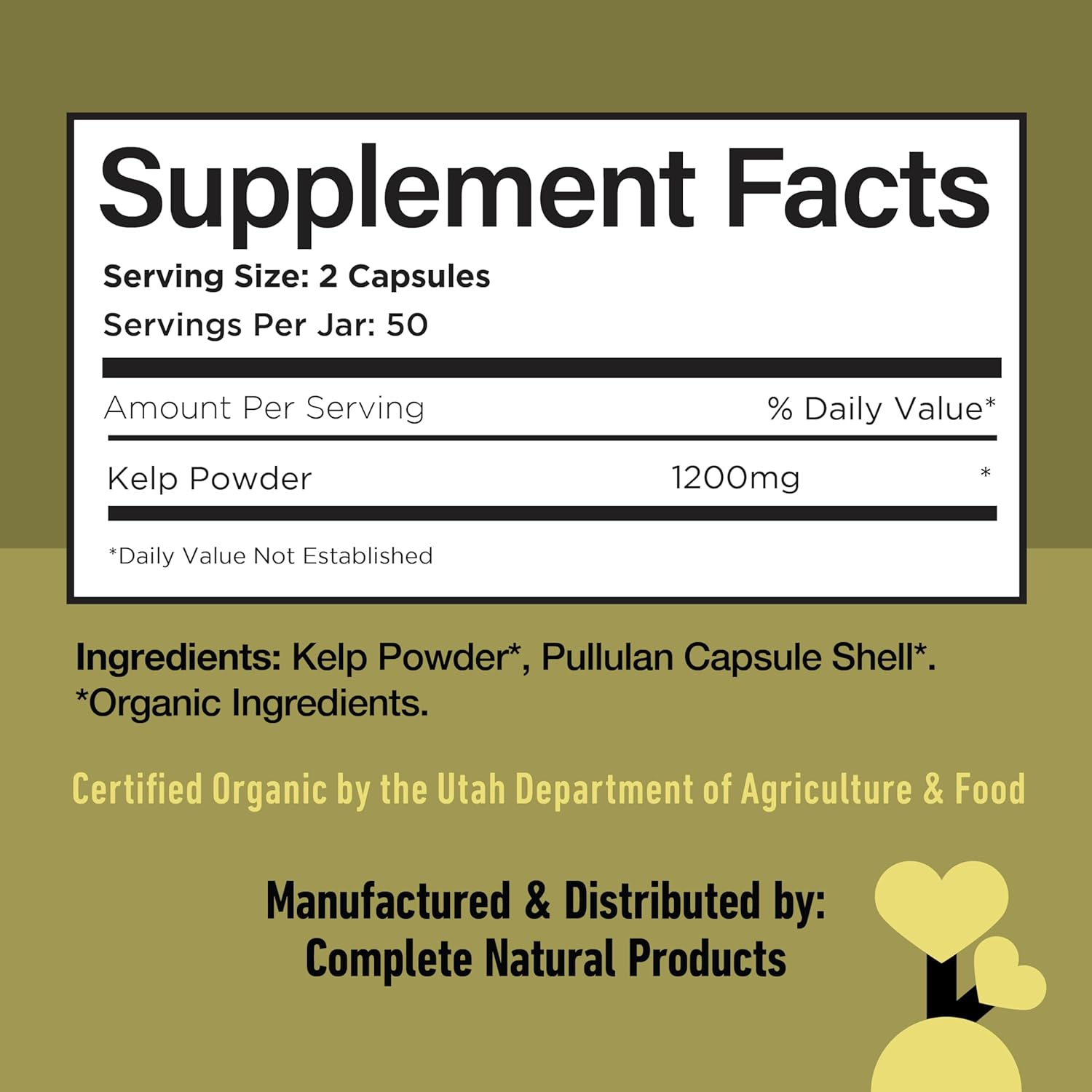 Complete Natural Products Raw Sea Kelp Powder Supplement - 600mg Capsules 100 Pills Powdered Raw Seaweed & Thyroid Support Supplement
