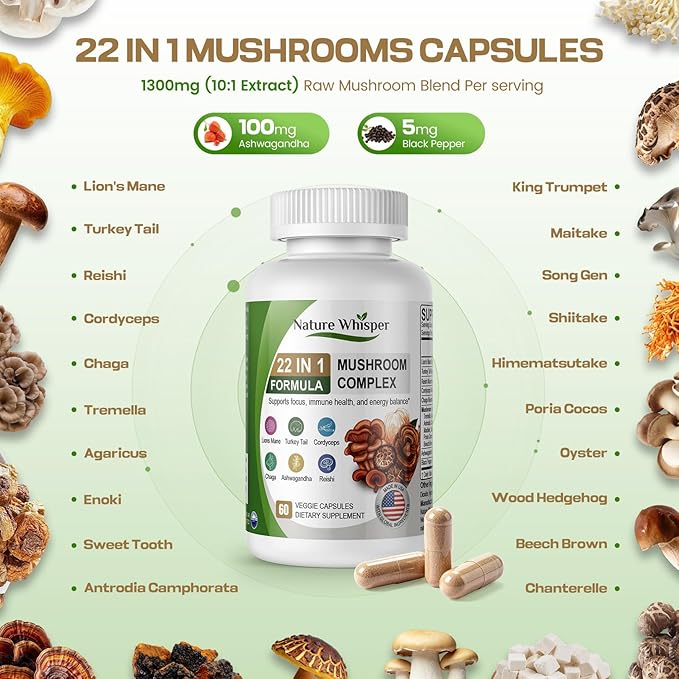 22 in 1 Lions Mane Mushroom Supplement with Ashwagandha | Black Pepper for Wellness Support, Mushrooms Complex with Turkey, Tail, Reishi, Cordyceps, Chaga, Maitake & More - 60 Capsules
