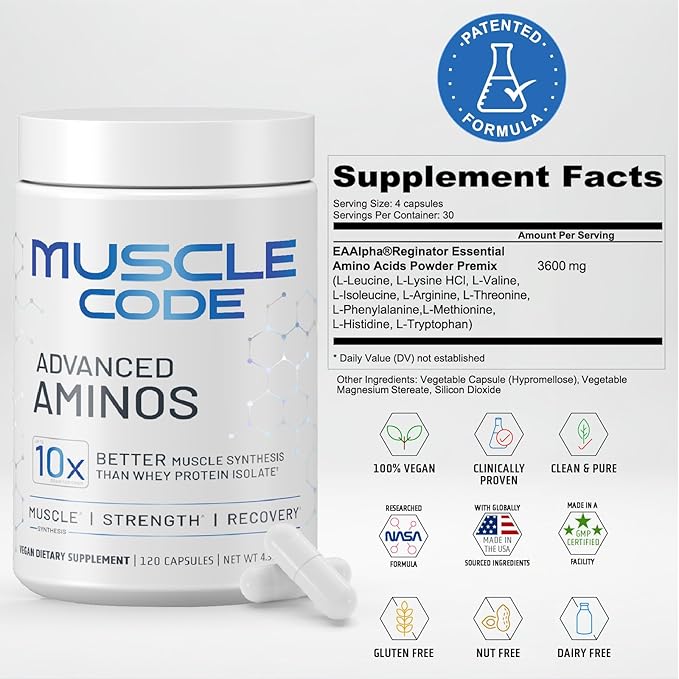 NAUTILUS Muscle Code Essential Amino Acid Capsules – Muscle Synthesis & Recovery & Strength – Unflavored – 30 Servings – Clinically Studied – 0g Sugar, Keto, Vegan, Gluten Free, Dairy Free