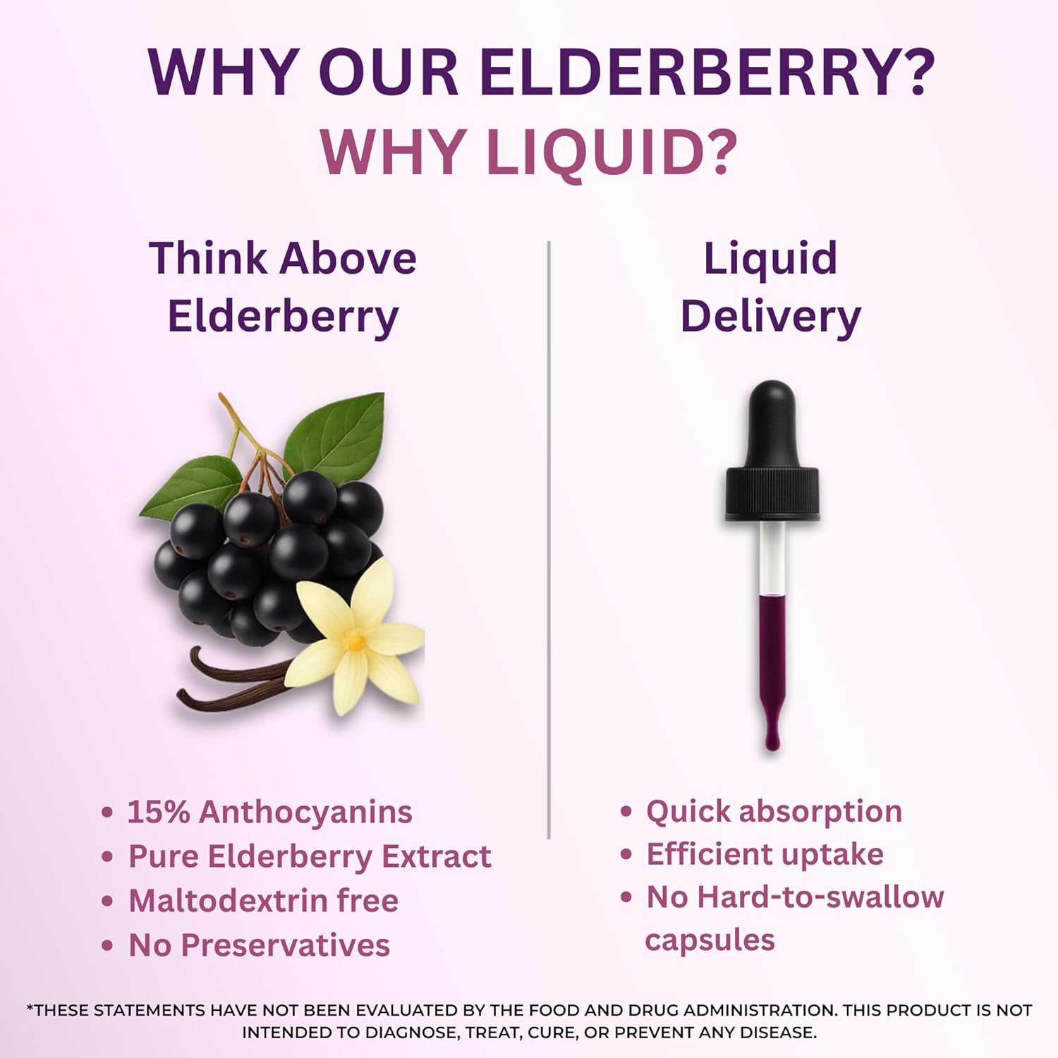 Elderberry Liquid Drops, 600mg, 2 Fl Oz, Pure Sambucus Extract with Vanilla, Vegan Immune Support Supplement