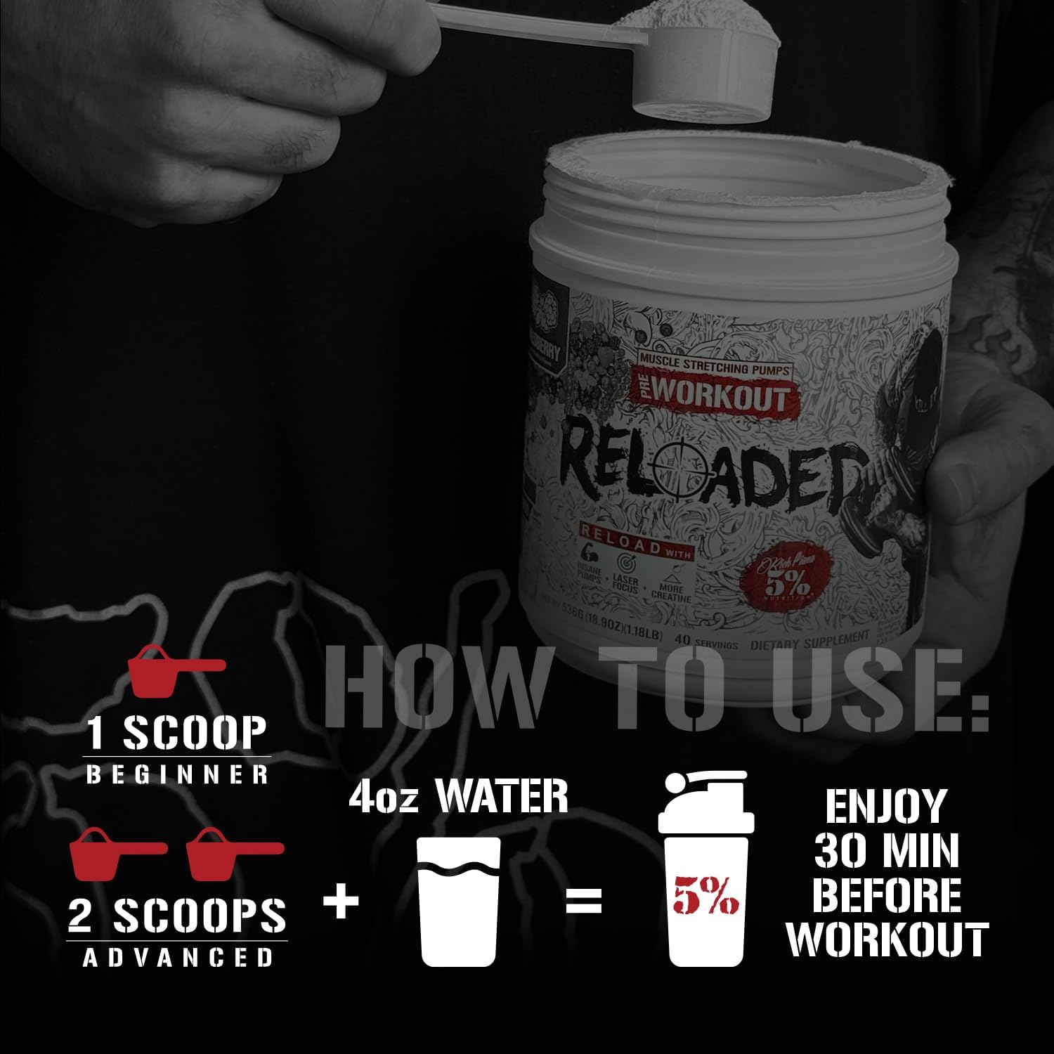 5% Nutrition Rich Piana Reloaded High Stim Pre-Workout | Ultra Energy, Focus, Pumps, Power & Endurance | Citrulline, GlycerSize, Nitrosigine, Creatine, Choline, Huperzine A (Fruit Punch)