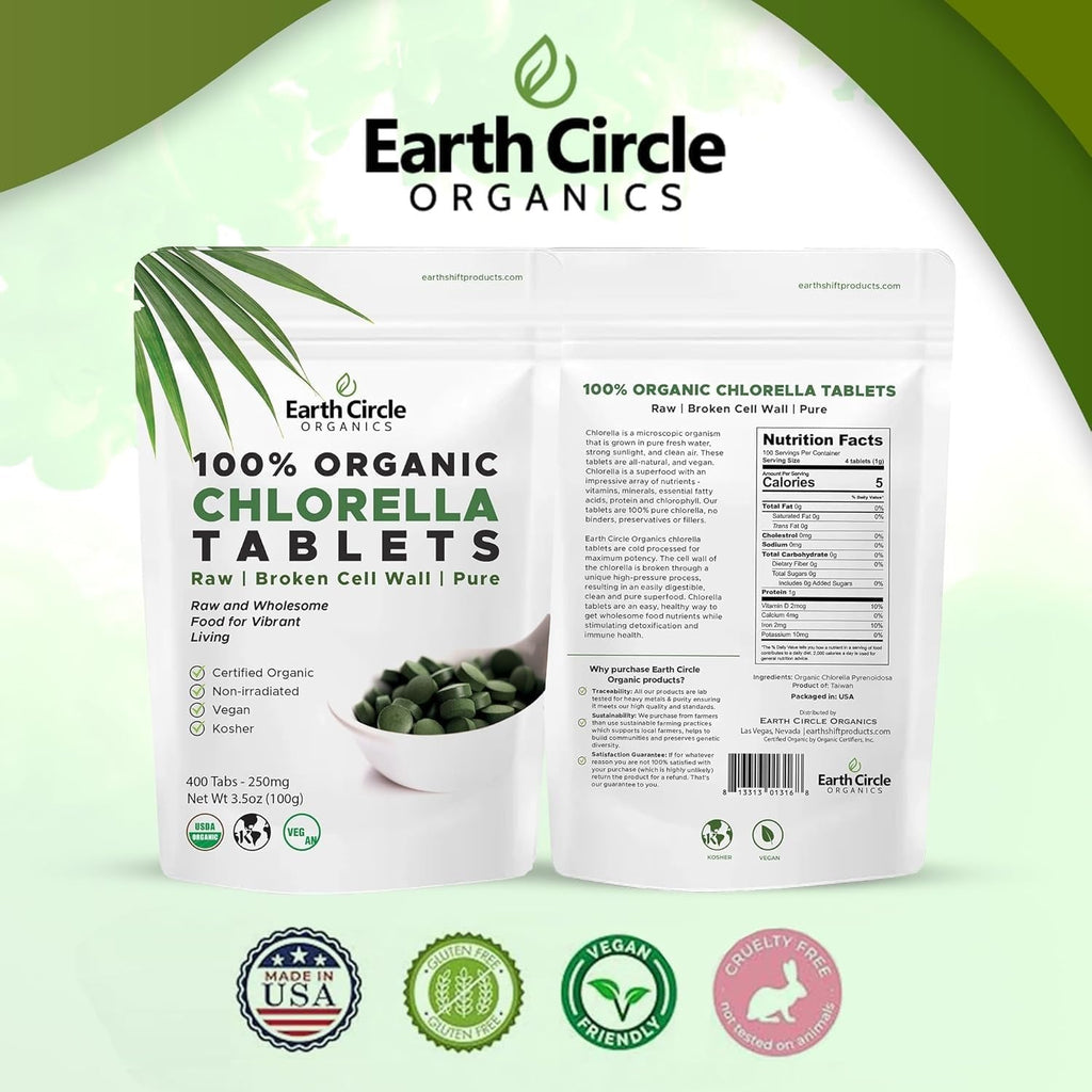 Organic Chlorella Tablets 400 Count | High Potency Superfood | Chlorophyll Pills from 100% Pure Green Algae | Broken Cell Wall for Maximum Absorption | Vegan, Kosher, Non-GMO | 4 Tabs per Day (1-Pack)
