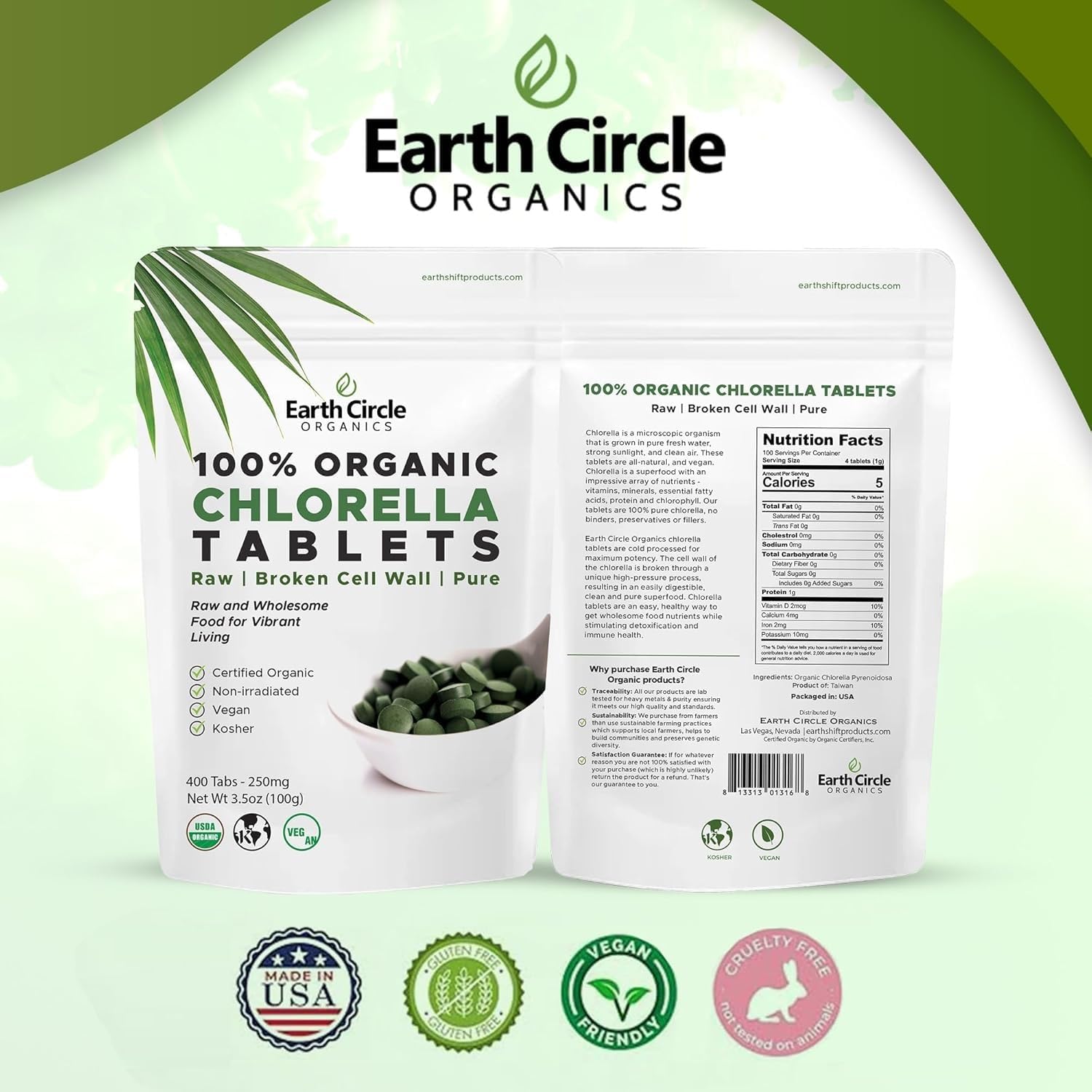 Organic Chlorella Tablets 400 Count | High Potency Superfood | Chlorophyll Pills from 100% Pure Green Algae | Broken Cell Wall for Maximum Absorption | Vegan, Kosher, Non-GMO | 4 Tabs per Day (1-Pack)