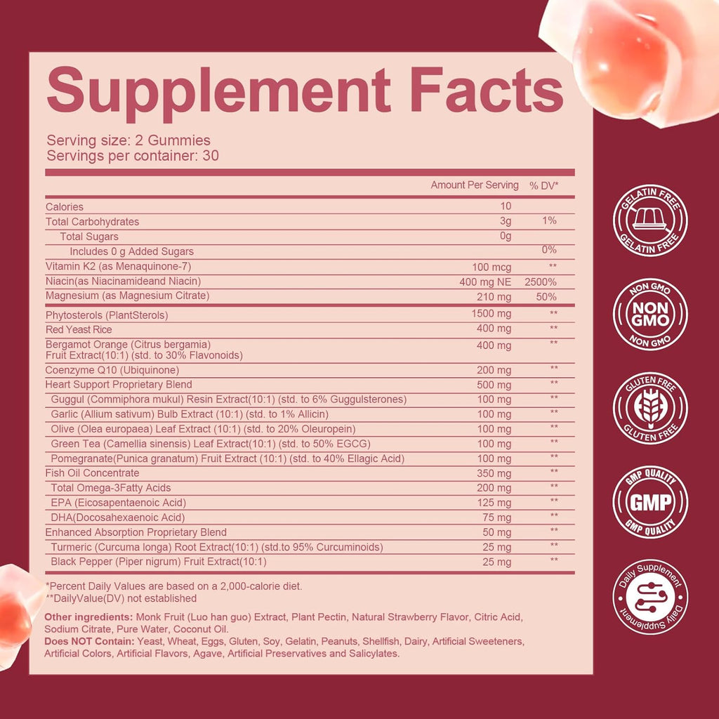 Cholesterol Supplements with Plant Sterols, Red Yeast Rice & COQ10 etc, 17-in-1 Cholesterol Complex Gummies for Heart & Cholesterol Health, Energy Support, Non-GMO, Strawbreey Flavor, 60 Gummies.