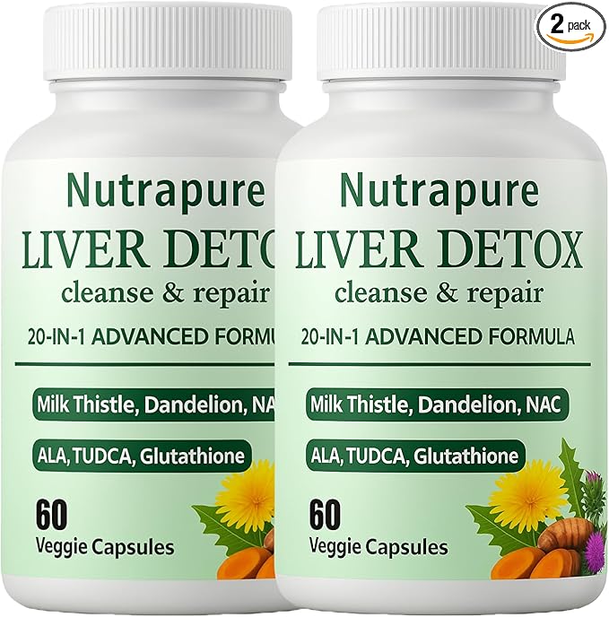 Nutrapure Liver Detox Capsules, 20-in-1 Liverdetox 60 Veggie Capsules Supplement with Milk Thistle, Liver Cleanse Detox & Repair, Liverhealth Formula