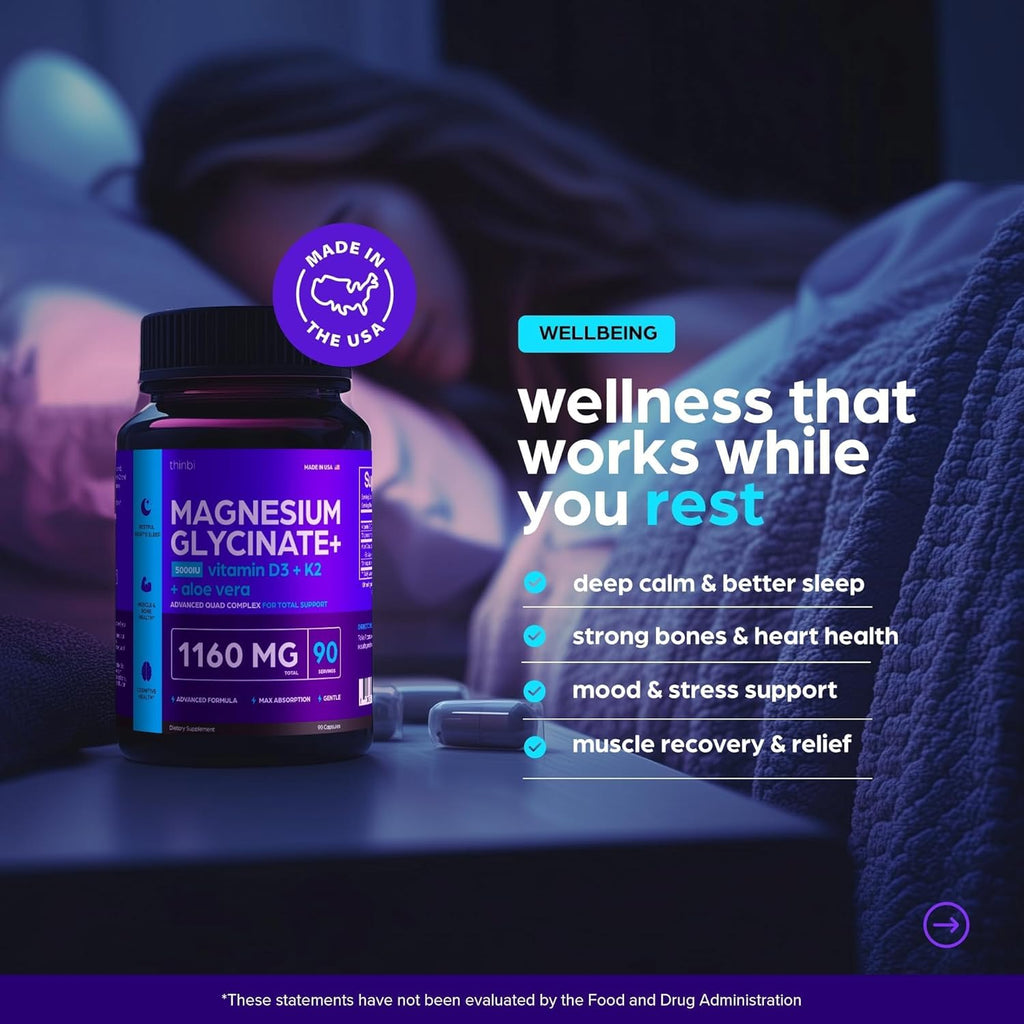 Magnesium Glycinate 1160mg + Aloe Vera, D3 & K2 Complex 90 Capsules – High Absorption, Non-Laxative – Supports Healthy Stress Response, Muscle Function & Healthy Metabolism Chelated Formula