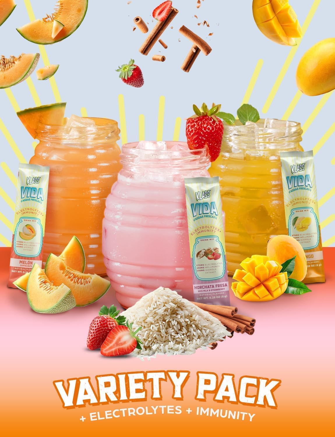 Hydration + Immunity Electrolyte Drink Mix – Variety Pack with Mango, Strawberry Horchata & Cantaloupe | Sugar-Free Hydration Packets with Wellmune®, Acerola, Coconut Water & Minerals