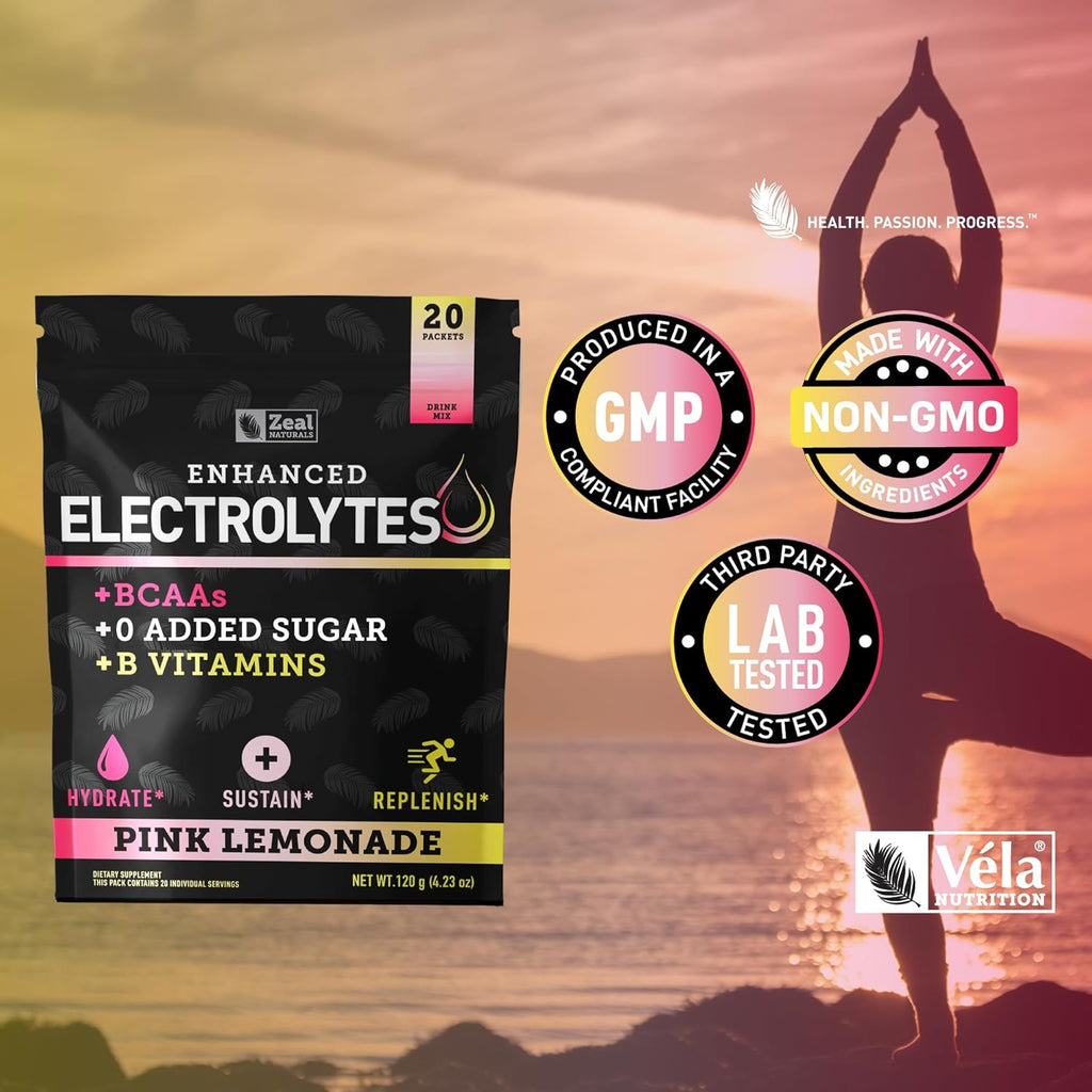 Zeal Naturals Enhanced Electrolyte Powder Stick Packs (Pink Lemonade - 20 Packets) Sugar Free + BCAA B-Vitamins & Pink Himalayan Salt - Keto Electrolytes, Hydration Powder