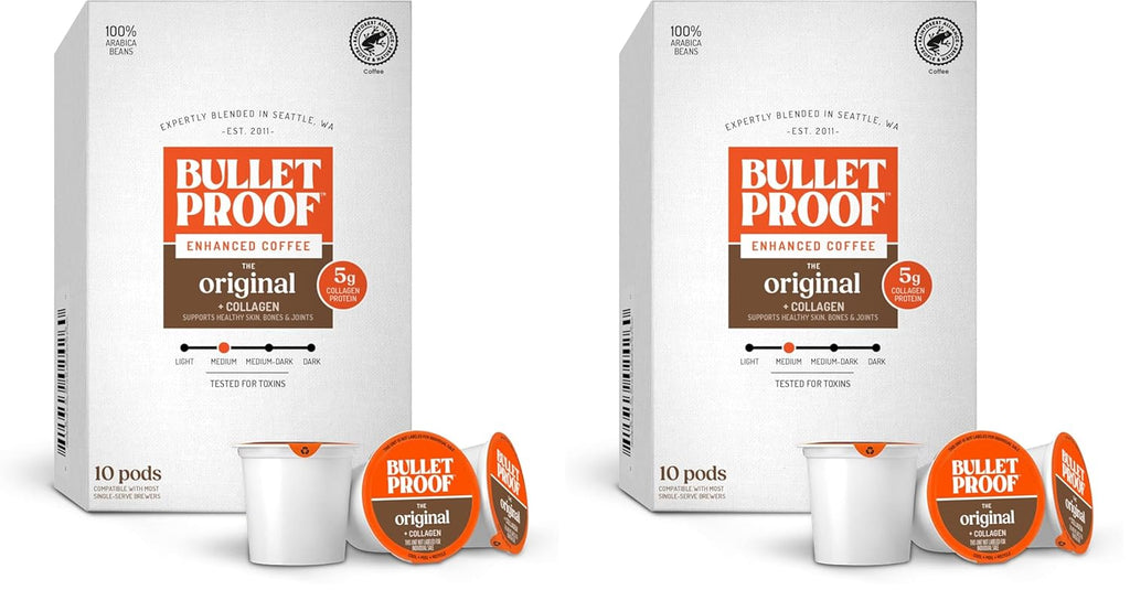Bulletproof Coffee + Collagen Single-Serve Coffee Pods, 10 Count, 100% Arabica Beans, Clean Coffee Tested for Toxins, Packaging May Vary (Pack of 2)