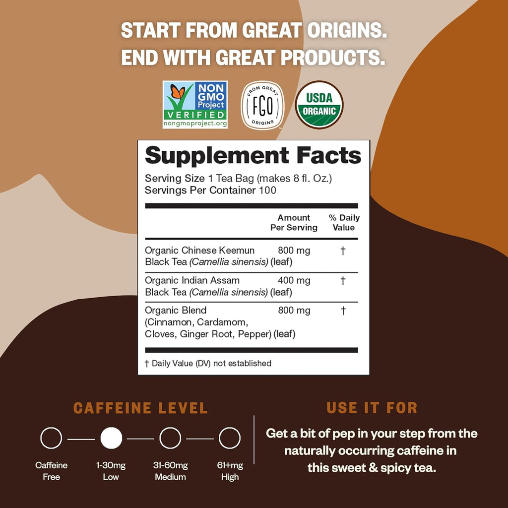 FGO Organic Chai Tea, 100 Count, Eco-Conscious Tea Bags, Resealable Bag, Packaging May Vary (Pack of 1)