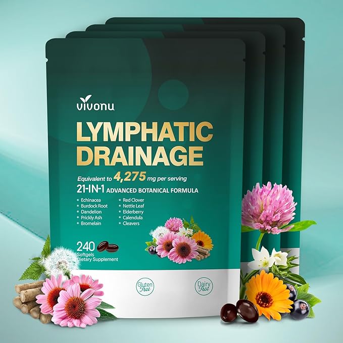 Lymphatic Drainage Supplement, 240 Softgels, 4275mg Lymph System Support Supplement for Women & Men, 21-in-1 Herbal Blend with Echinacea, Dandelion, Burdock, Bromelain, Calendula, Turmeric & More 4Bag