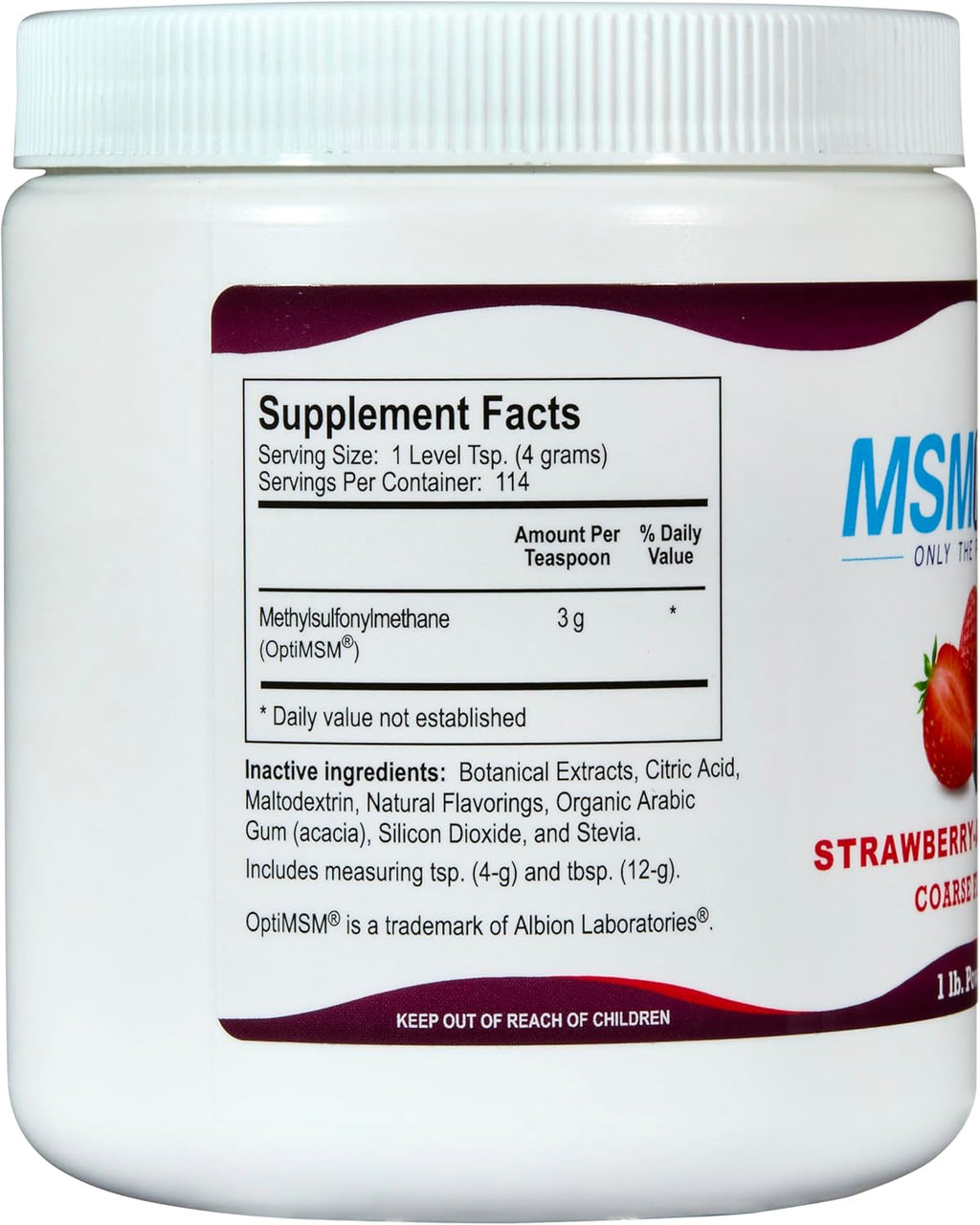 KALA HEALTH MSMPure Strawberry Acai Flavored Coarse MSM Powder Flakes – US-Made MSM for Joint Health, Skin Appearance, and Hair & Nail Support – 1 lb, Organic Sulfur