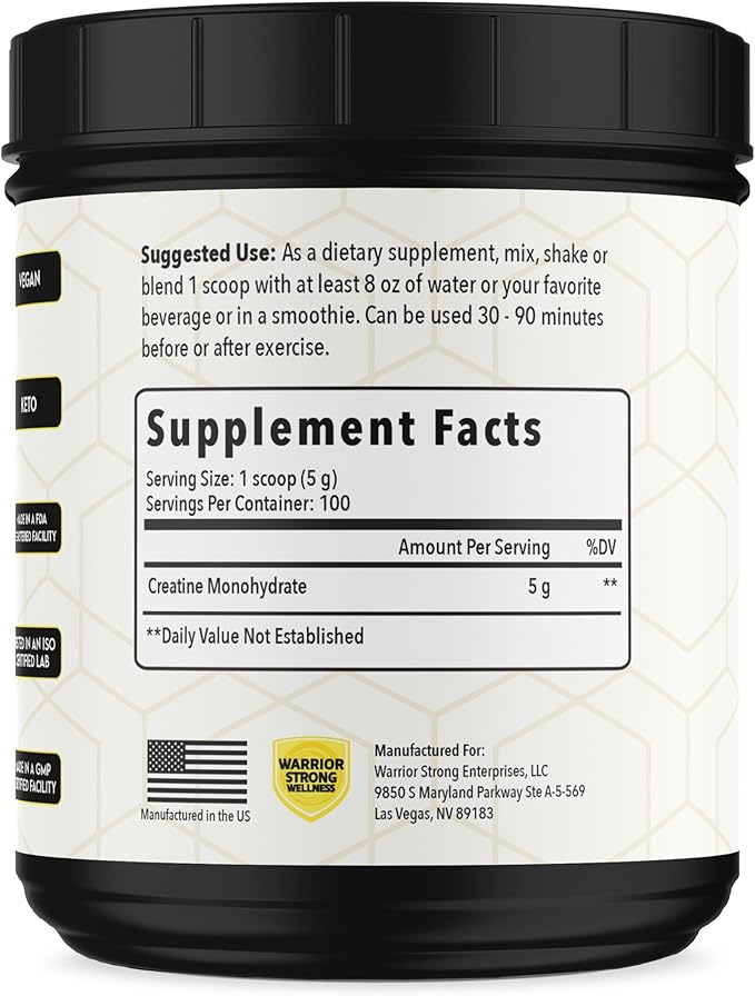 Creatine Monohydrate Powder 1 lb, 100 Servings, ISO Certified Tested Vegan, Unflavored Micronized Powder- Support Muscles, Cellular Energy & Cognitive Function