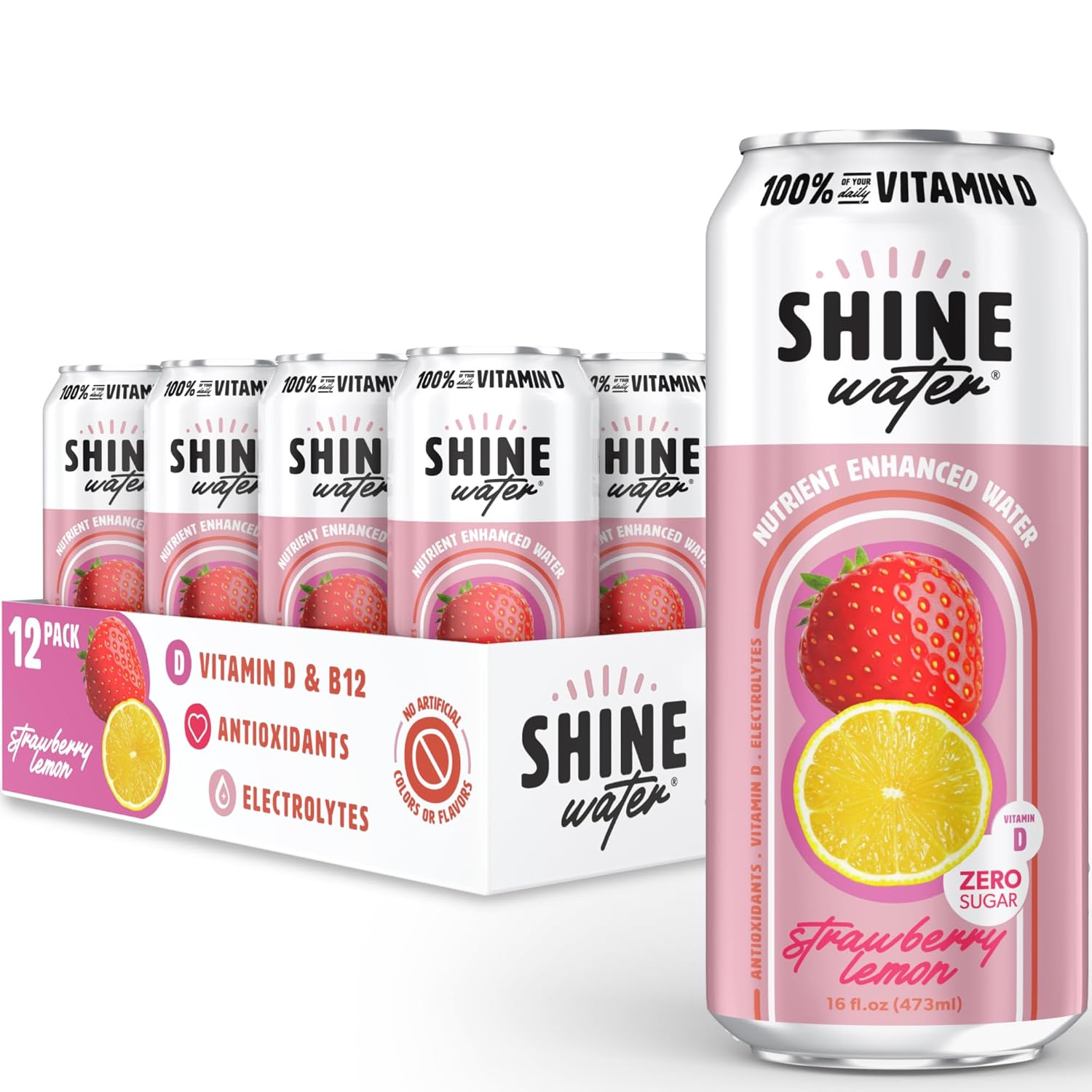 ShineWater Vitamin D Hydration Electrolyte Drink - Flavored water with electrolytes, Sugar-Free, Magnesium, Zinc, Vitamin B12, Plant-Based, Low Calorie - Strawberry Lemon Fruit Water 12 Pack