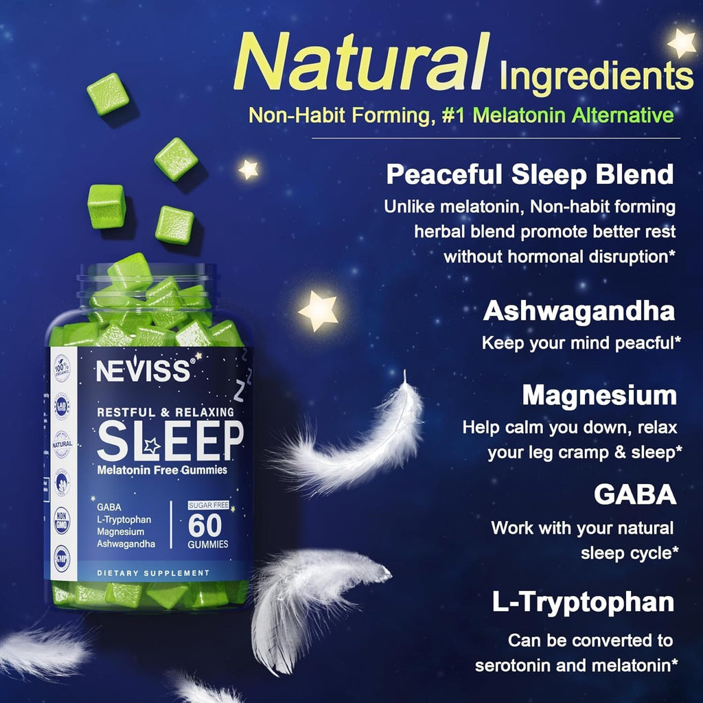 NEVISS Melatonin Free Sleep Aid Gummies for Adults - Magnesium Glycinate Gummies | GABA, L-Tryptophan, Magnesium, Ashwagandha - Non-Habit Forming, Help for Deep Relaxation - Vegan, Lemon Flavor, 1Pack