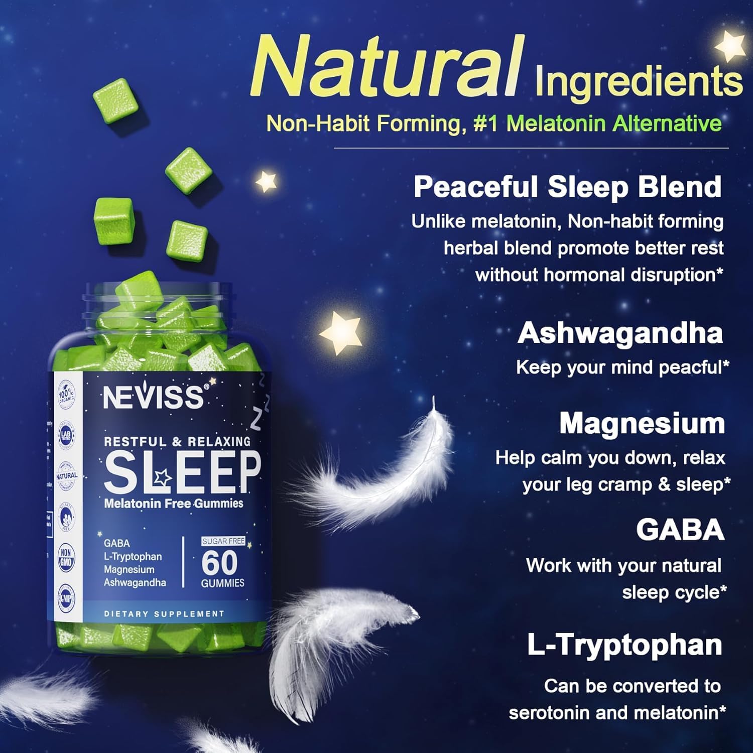 NEVISS Melatonin Free Sleep Aid Gummies for Adults - Magnesium Glycinate Gummies | GABA, L-Tryptophan, Magnesium, Ashwagandha - Non-Habit Forming, Help for Deep Relaxation - Vegan, Lemon Flavor, 1Pack