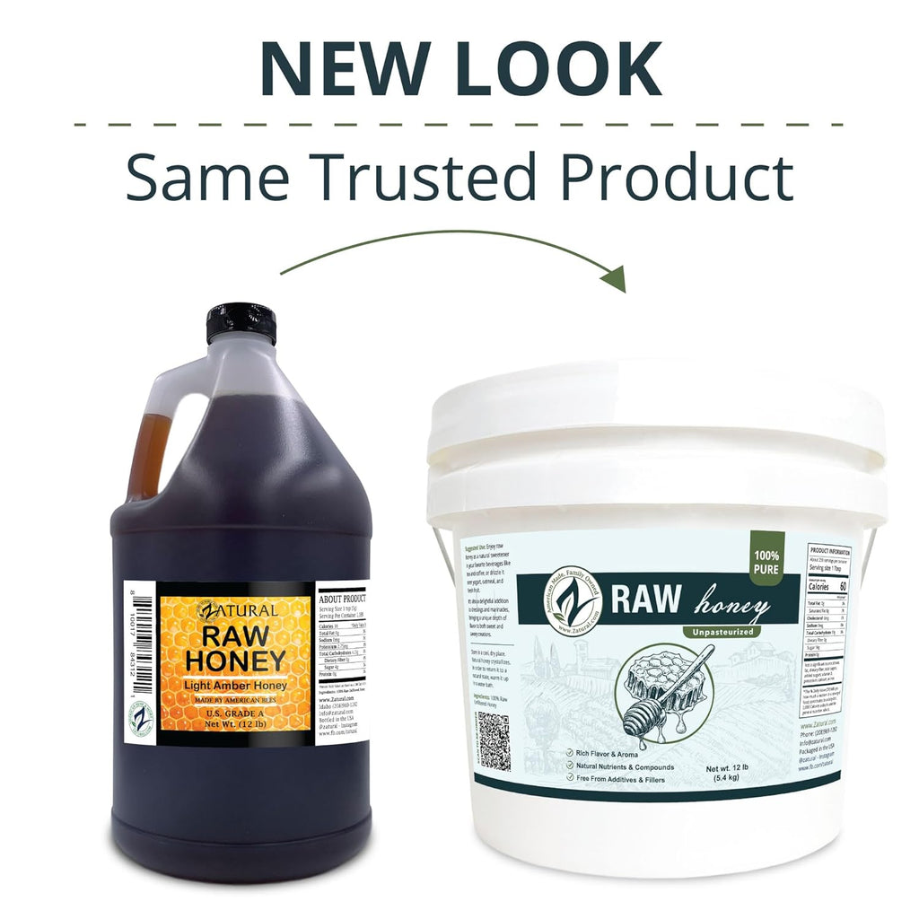 Zatural 100% Pure, Raw & Unfiltered Honey - Delicous Taste, Easy To Use Bucket ~1 Gallon (12 Pounds)