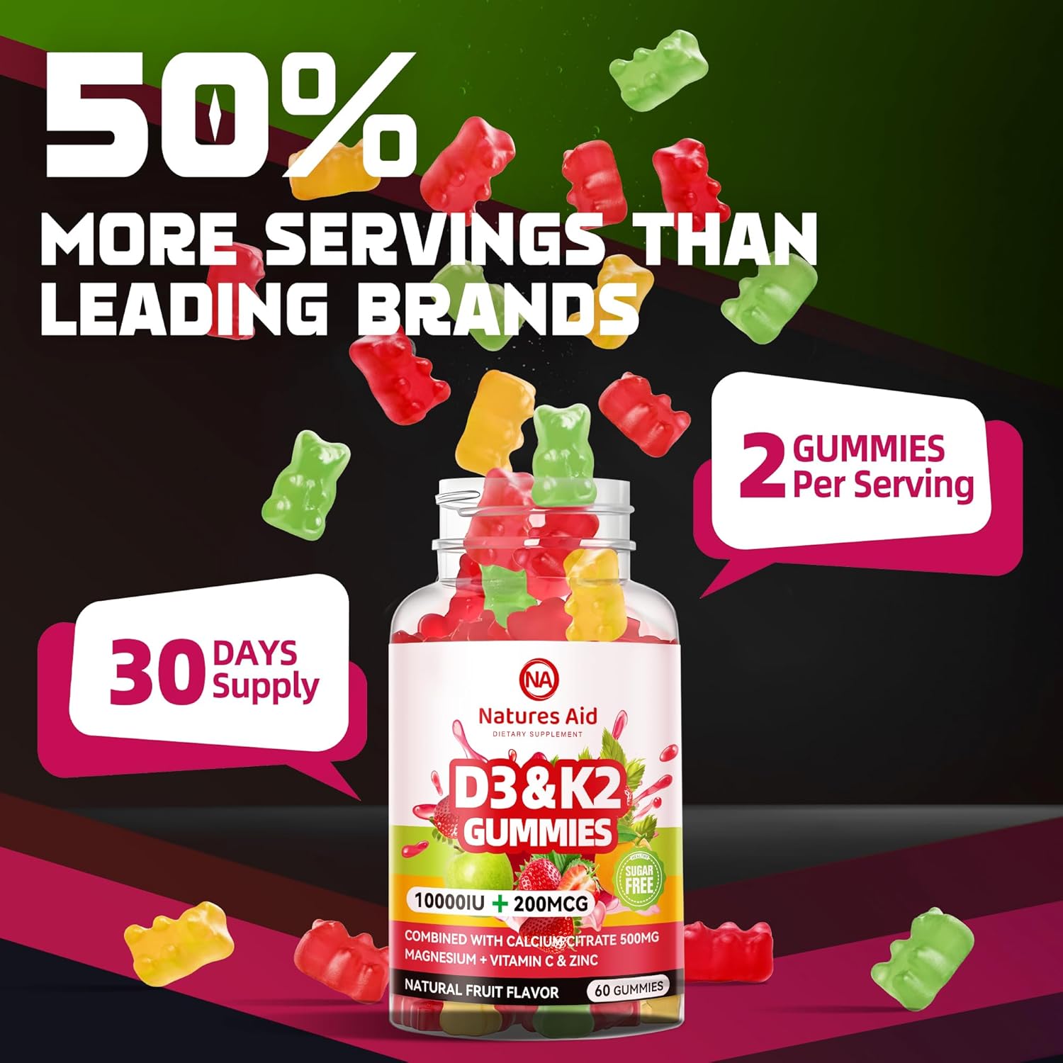 Sugar-Free Vitamin D3 K2 Gummies with Calcium + K2 (MK-7), Magnesium Citrate, Vitamin C, Extra Strength - Ultimate Absorption for Bone Muscle Teeth Immune, Vegan - 120 Gummies