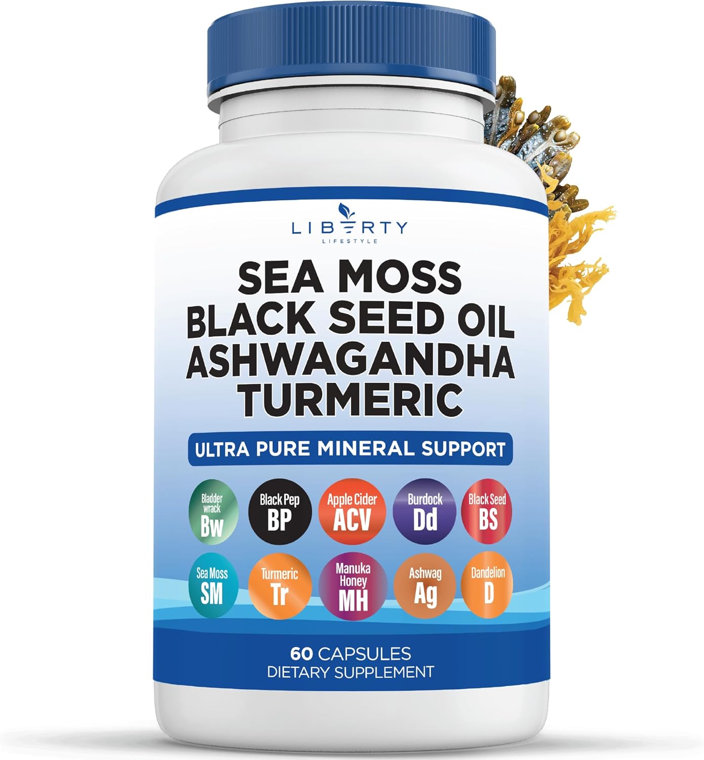 Sea Moss Black Seed Oil Ashwagandha Turmeric Bladderwrack Burdock - with Manuka, Honey Dandelion, ACV Black Pepper Gluten Free - 1-Pack