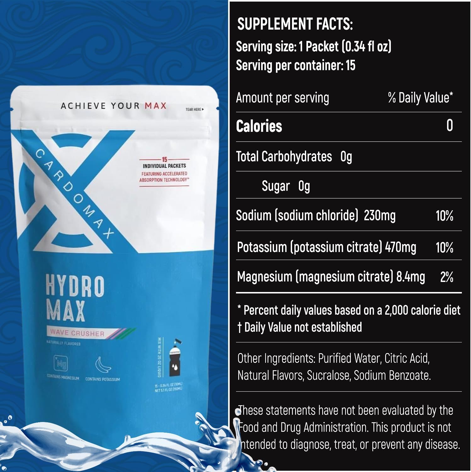 CardoMax Hydromax Electrolyte Drink Mix –Wavecrusher Flavor 15 Liquid Packets with Potassium & Magnesium – Zero Sugar, Keto & Vegan Electrolytes for Rapid Hydration & Recovery Supplement